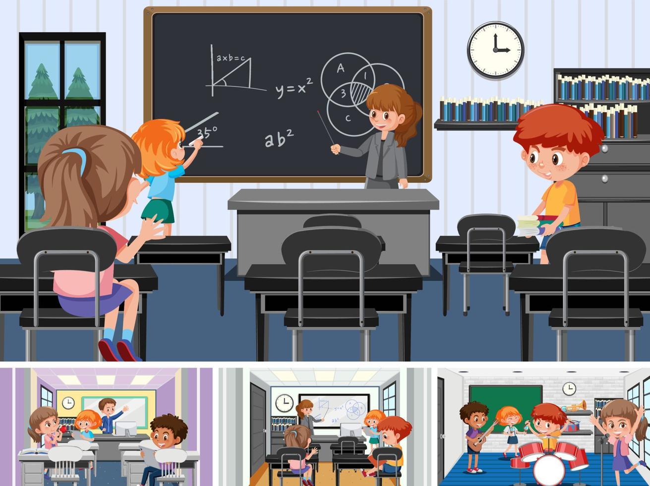 Set of student in the classroom scene vector