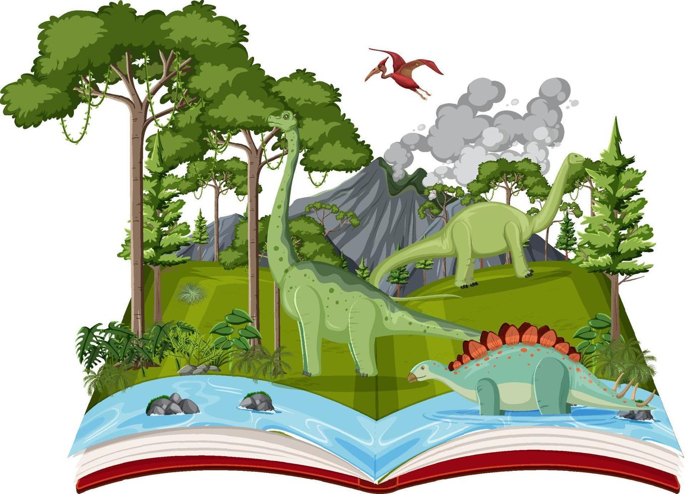 libro con escena de dinosaurios en el bosque vector