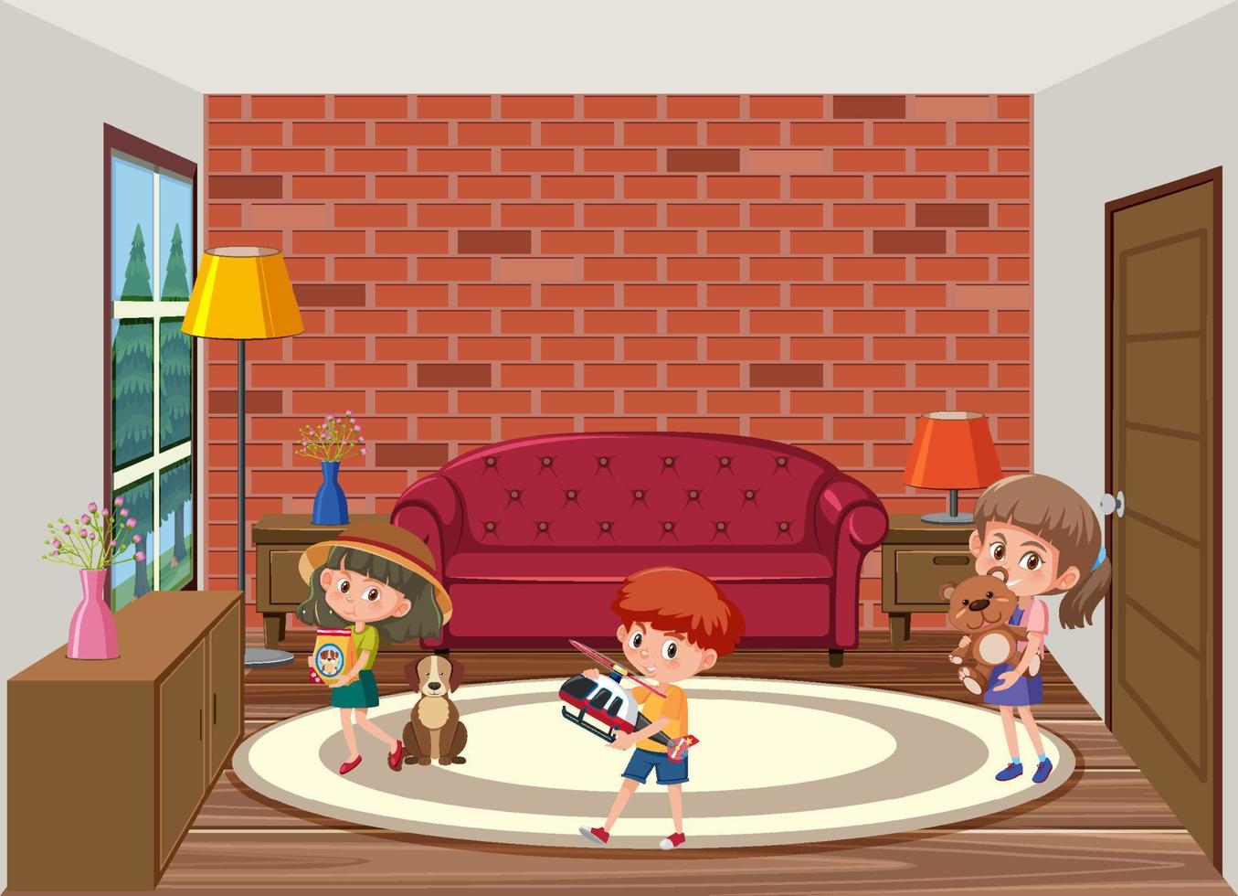 Living room scene with children cartoon character vector