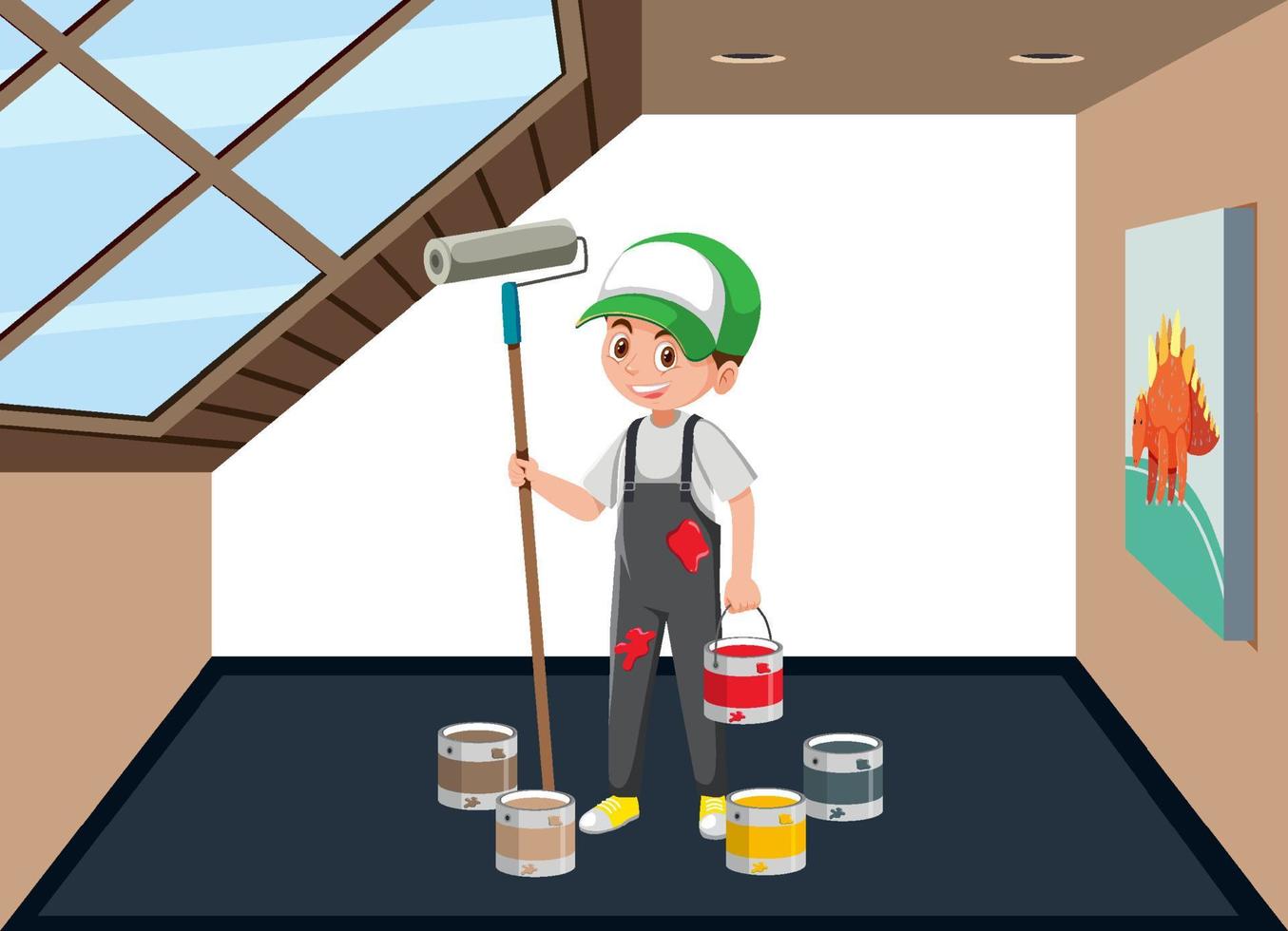 Painter with buckets of paint in the room vector