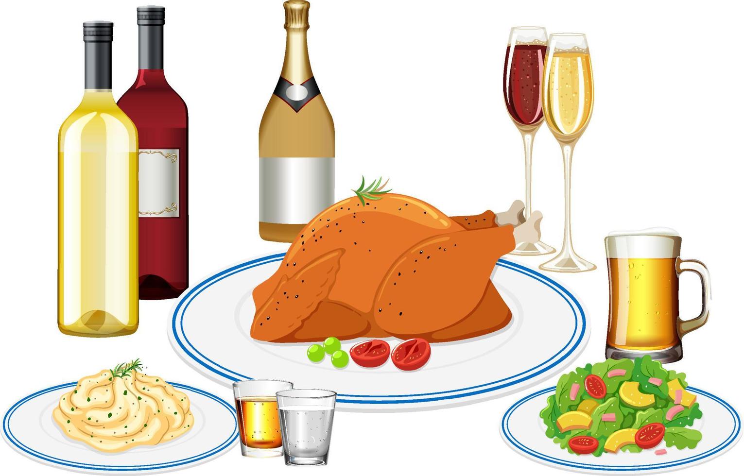 Dinner set with wine and chicken and salad vector