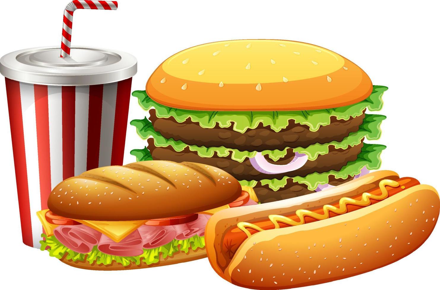 conjunto de comida rápida con hamburguesa y perrito caliente vector