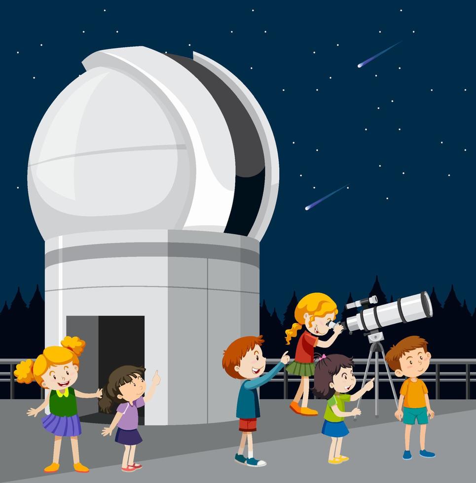 Astronomy theme with kids looking at stars vector