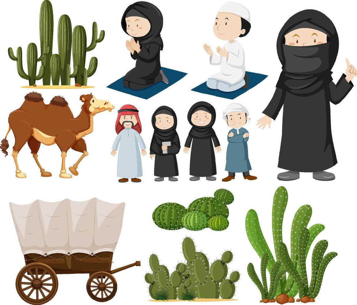 Arabic people with cactus plants vector