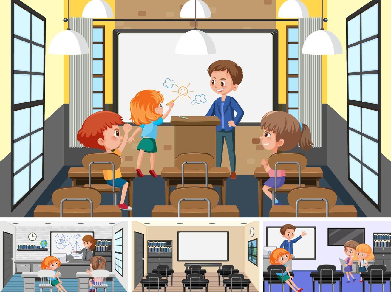 Set of student in the classroom scene vector