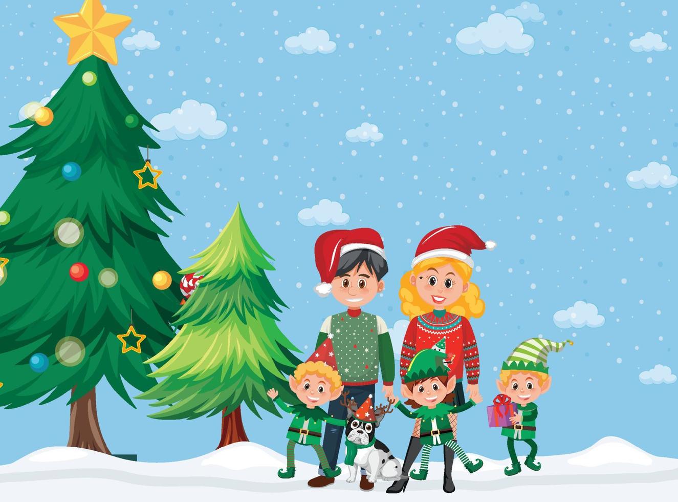 Christmas theme with family by christmas tree vector