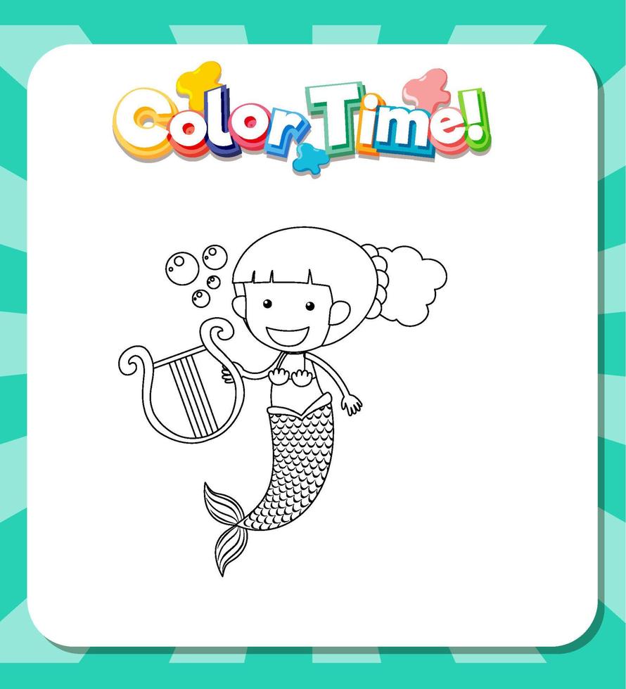 Worksheets template with color time text and Mermaid outline vector