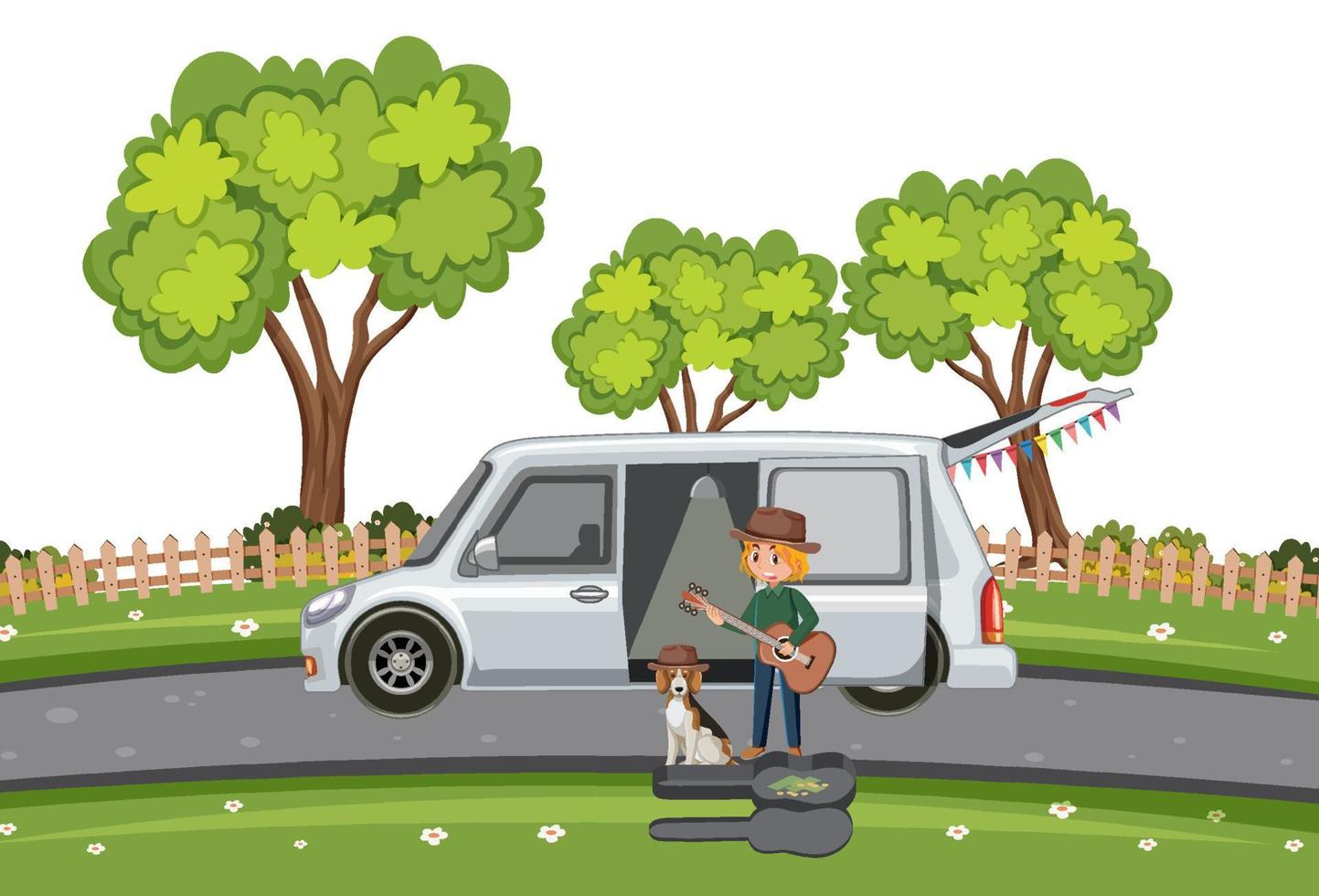 Man playing guitar by the truck vector