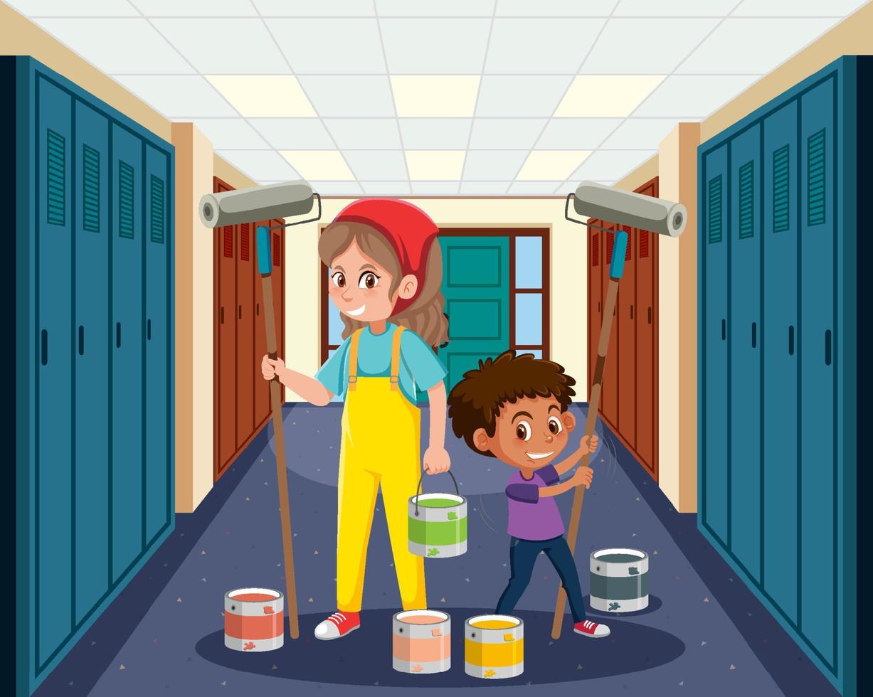 Woman and boy painting the hallway vector