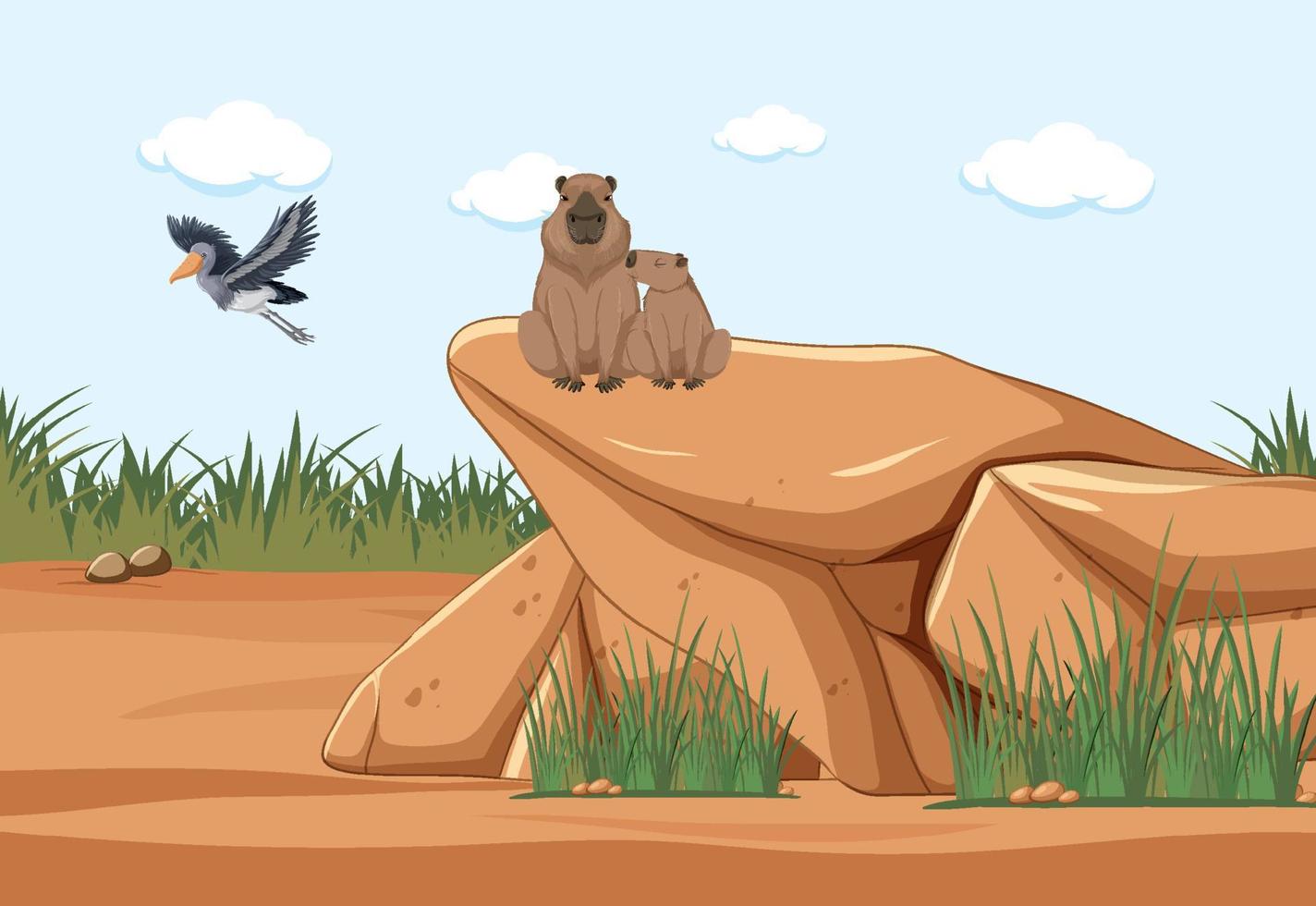 Dry landscape with capybara and shoebill stork vector