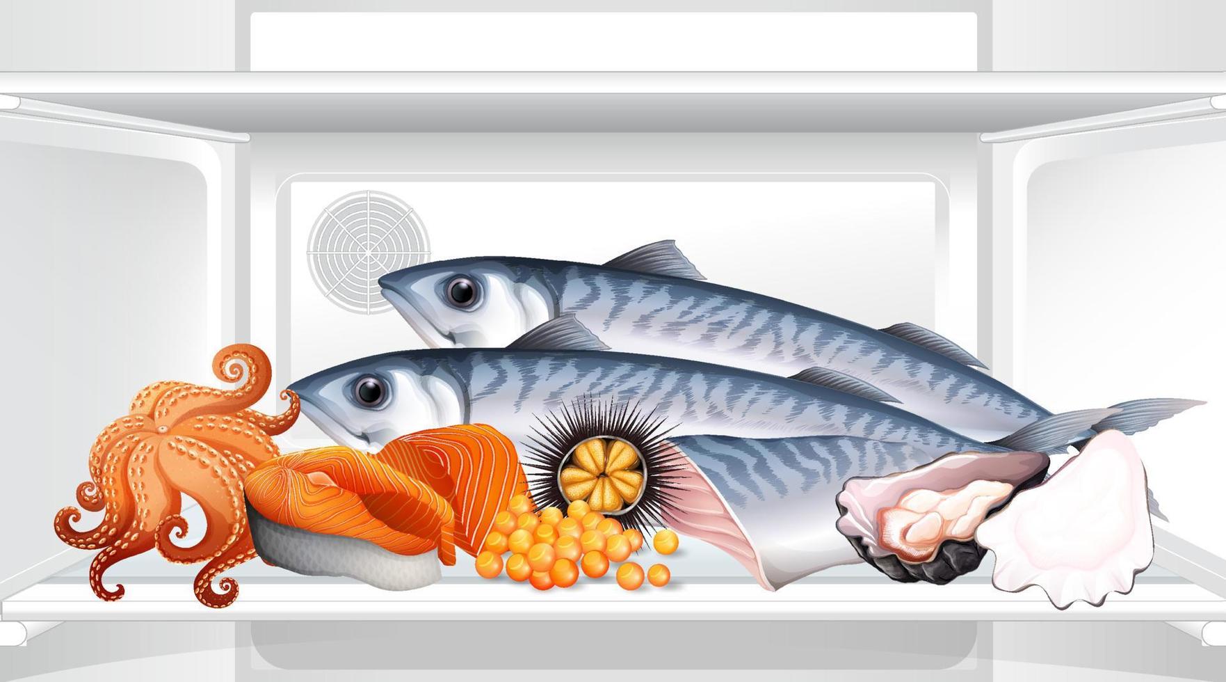 An inside the refrigerator with sea food vector