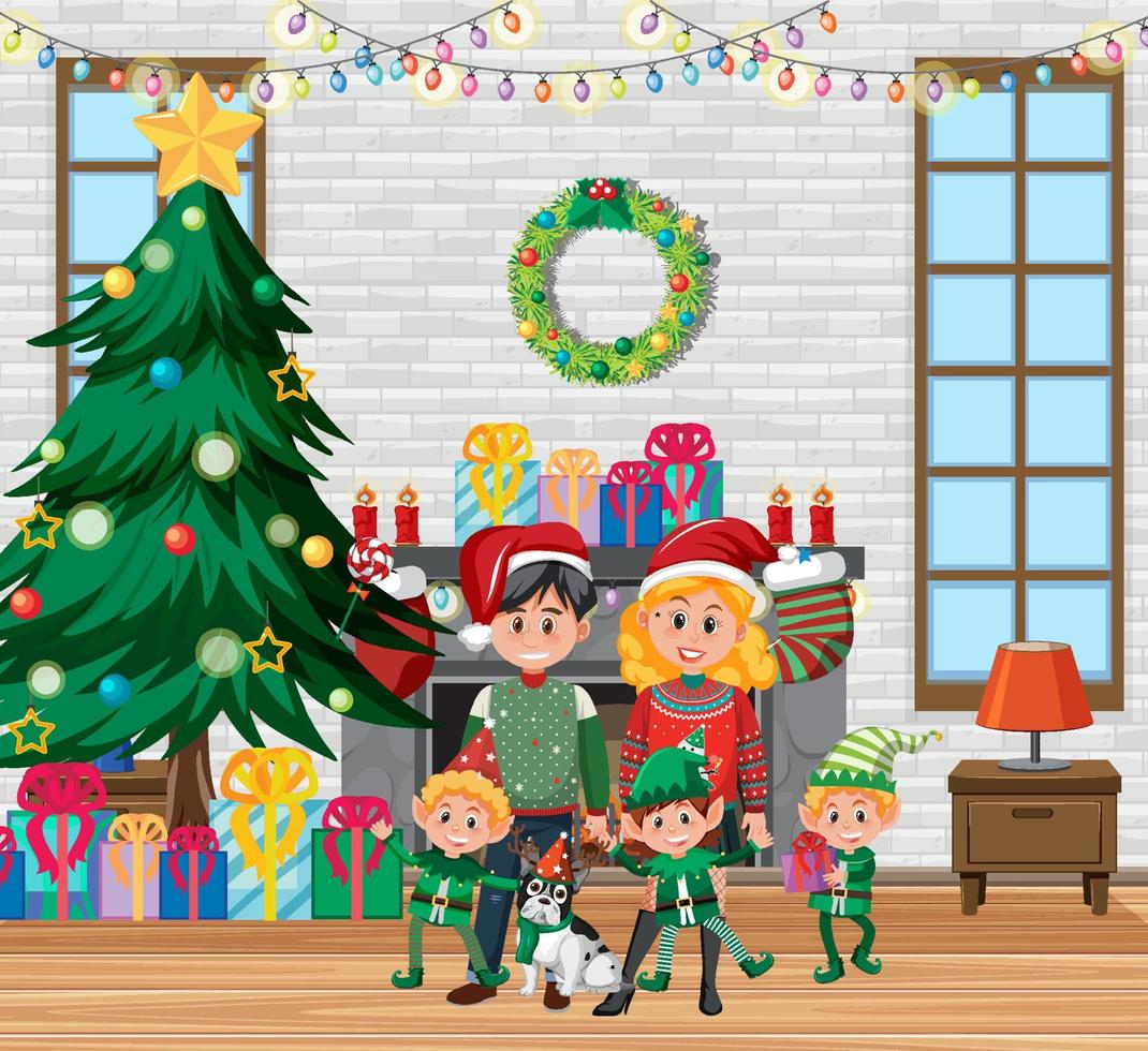 familia el día de navidad con muchos regalos vector