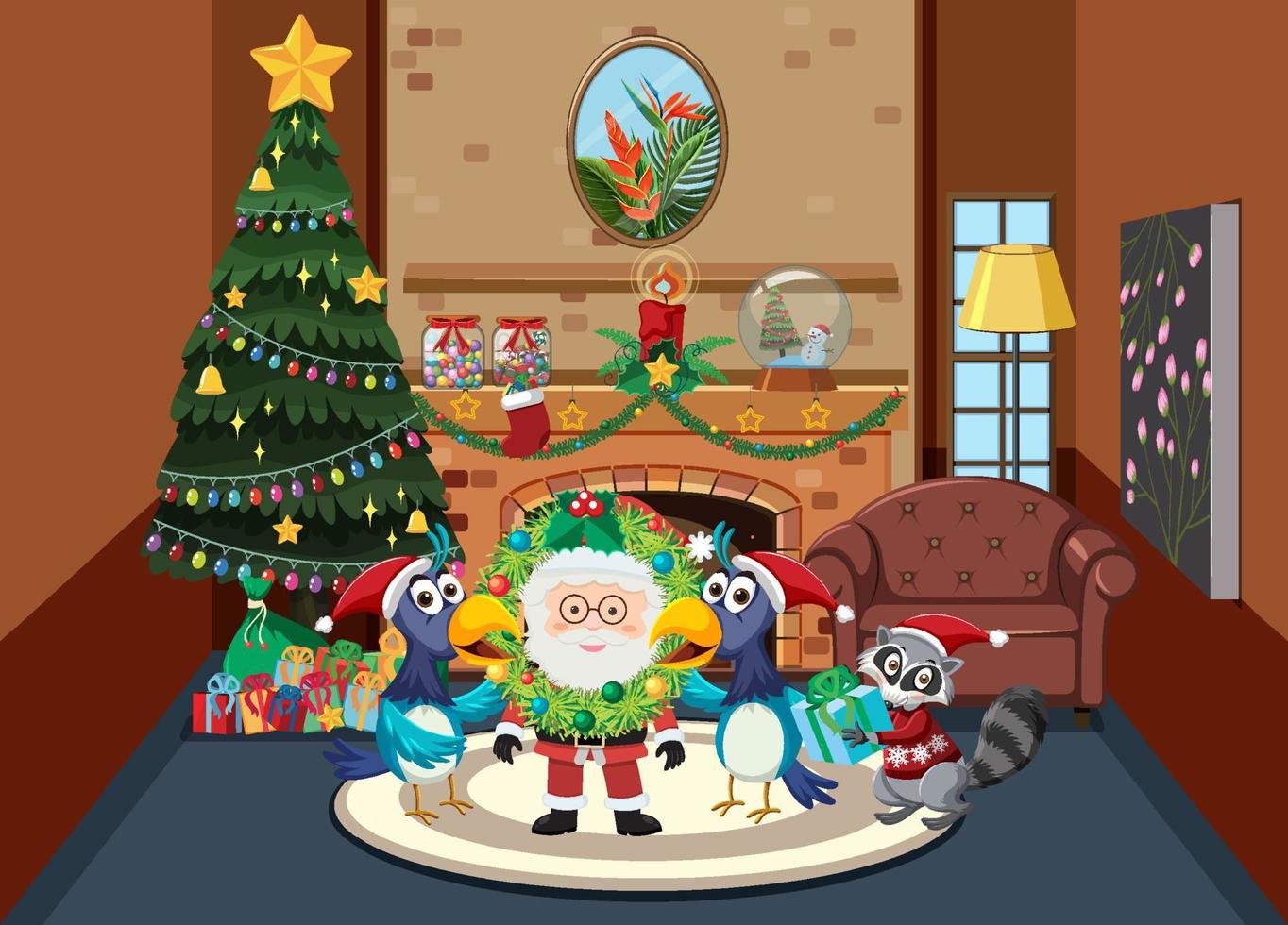 Christmas theme with Santa by fireplace vector