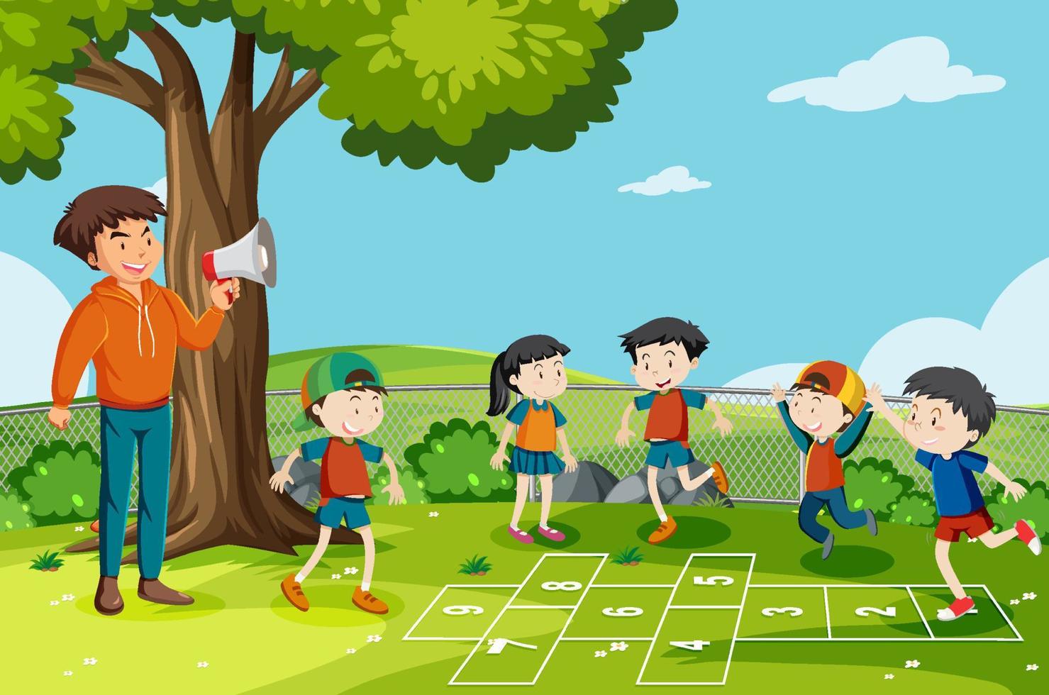 Children playing hopscotch game at the park vector