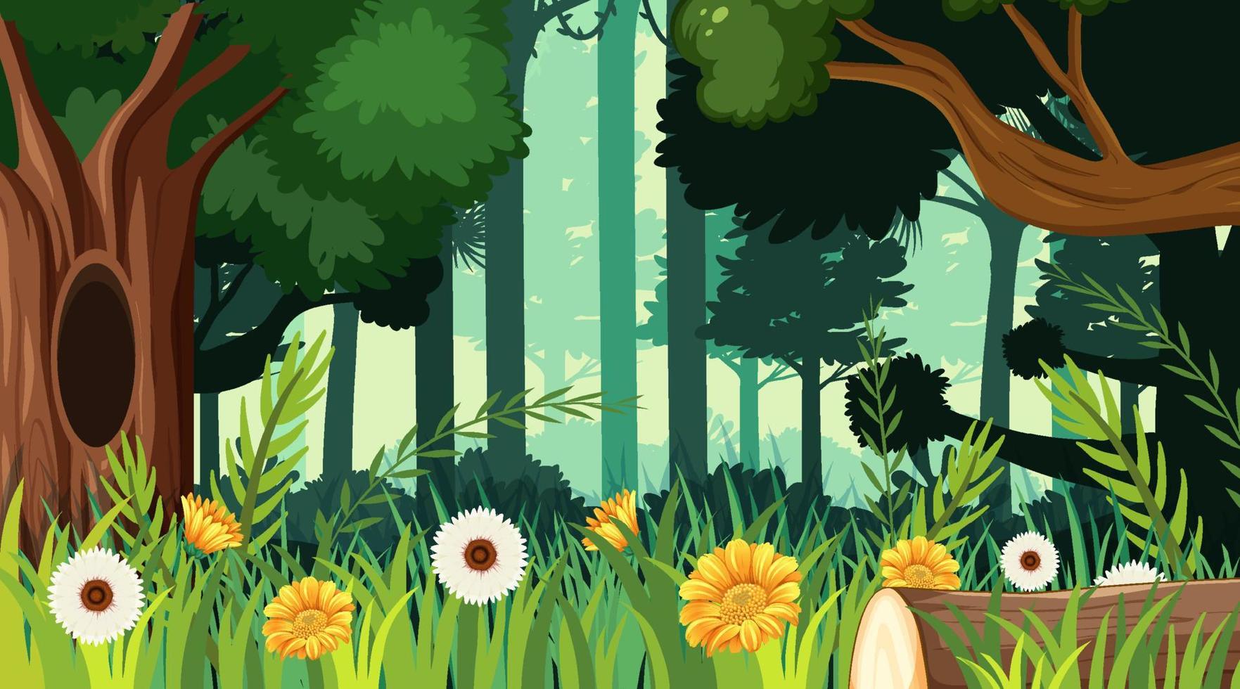 escena de la naturaleza con muchos árboles y flores vector