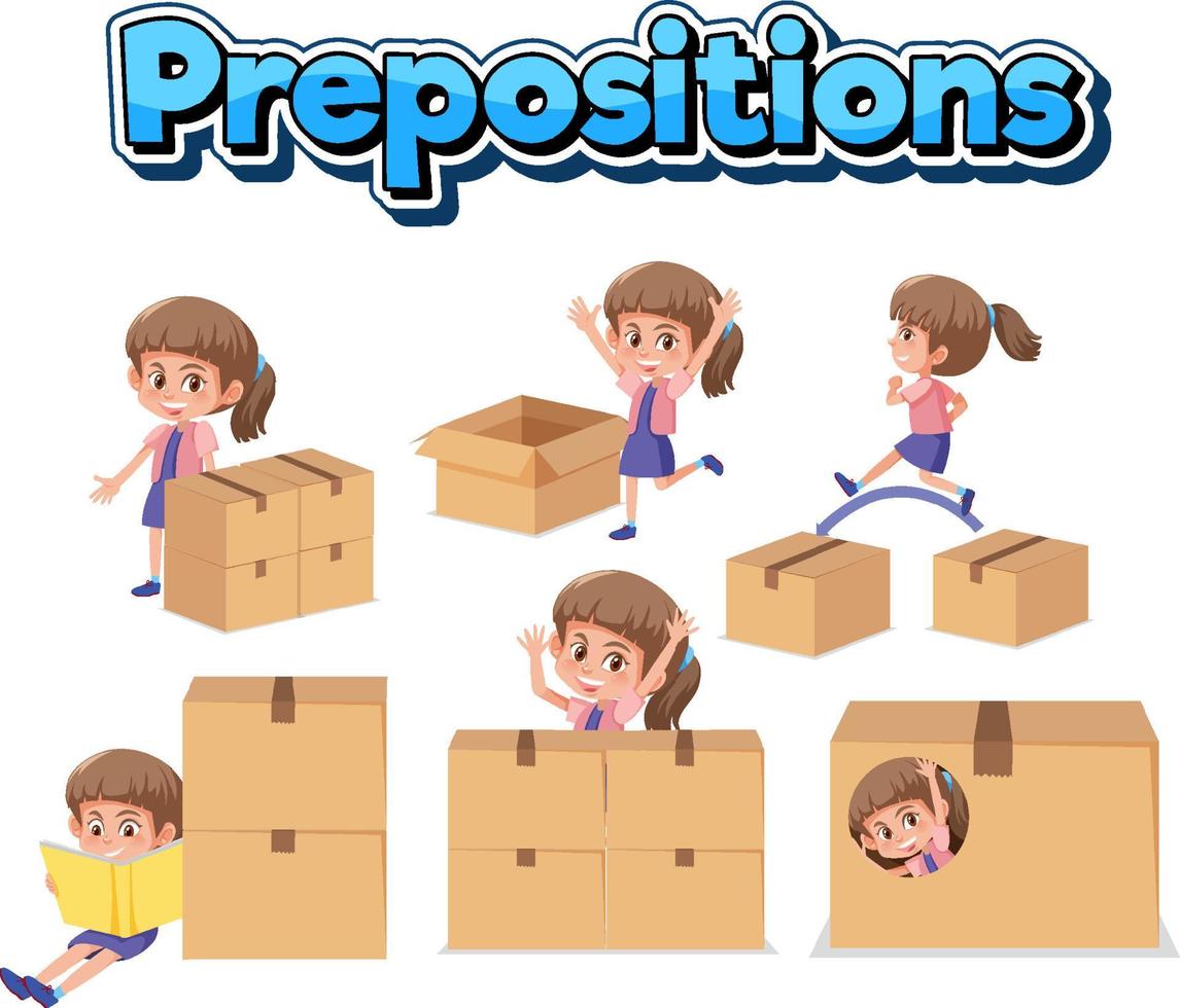 diseño de wordcard de preposición con niña y caja vector