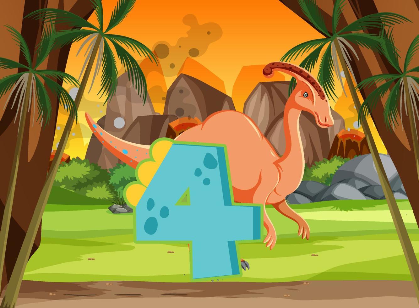 A dinosaur with number four cartoon vector