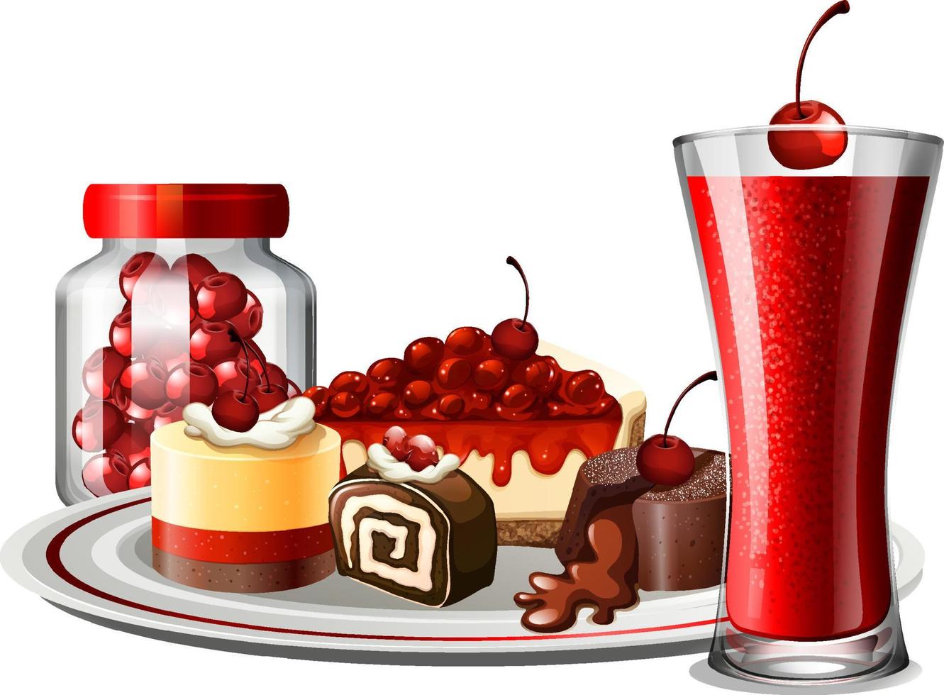 Cherry bakery and beverage set vector