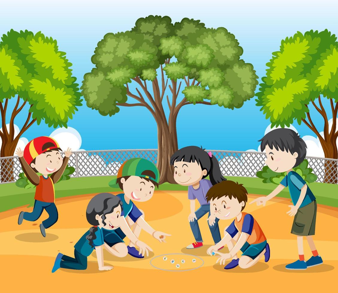 parque al aire libre con niños jugando canicas vector