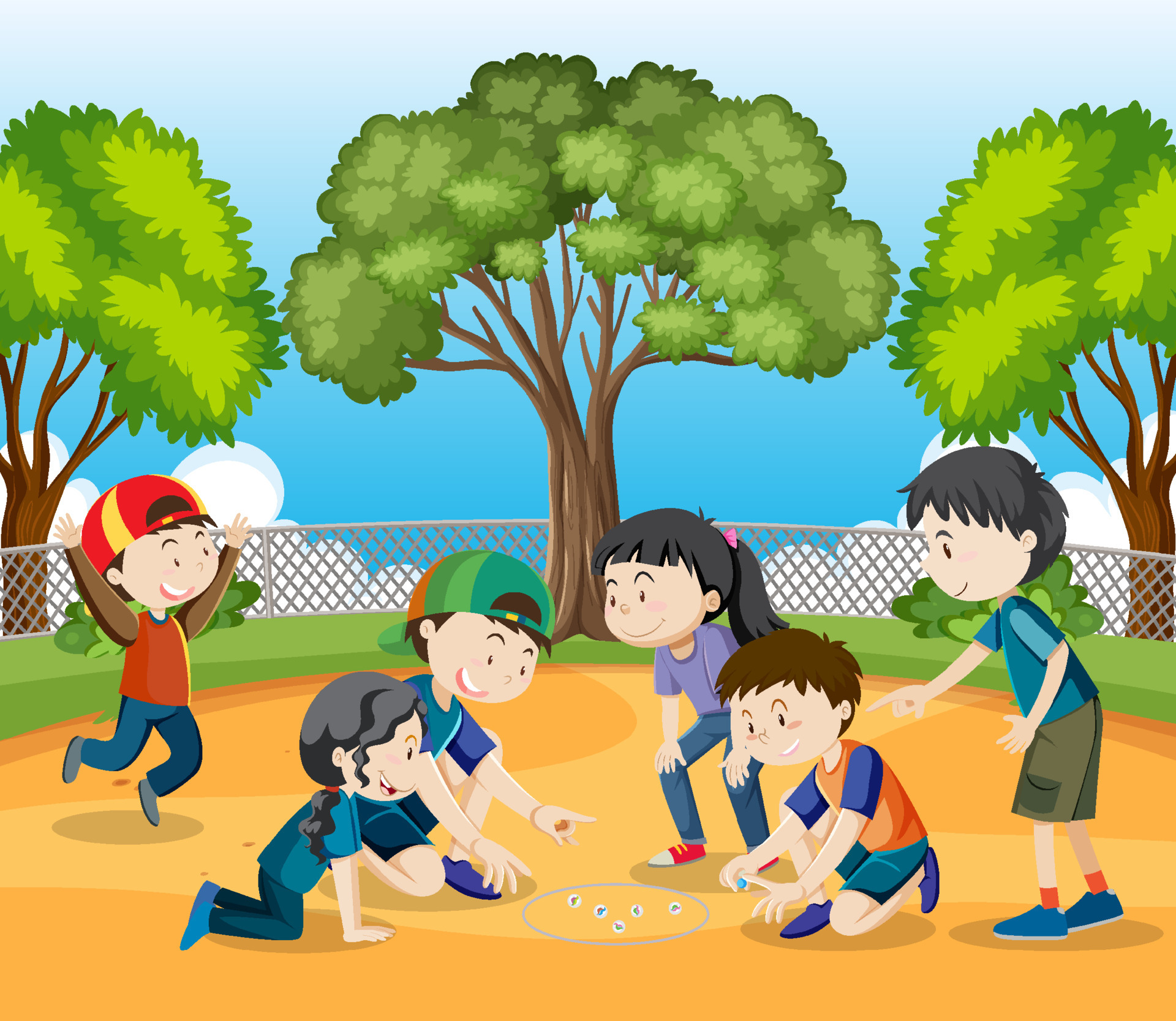 parque al aire libre con niños jugando canicas 7108904 Vector en Vecteezy