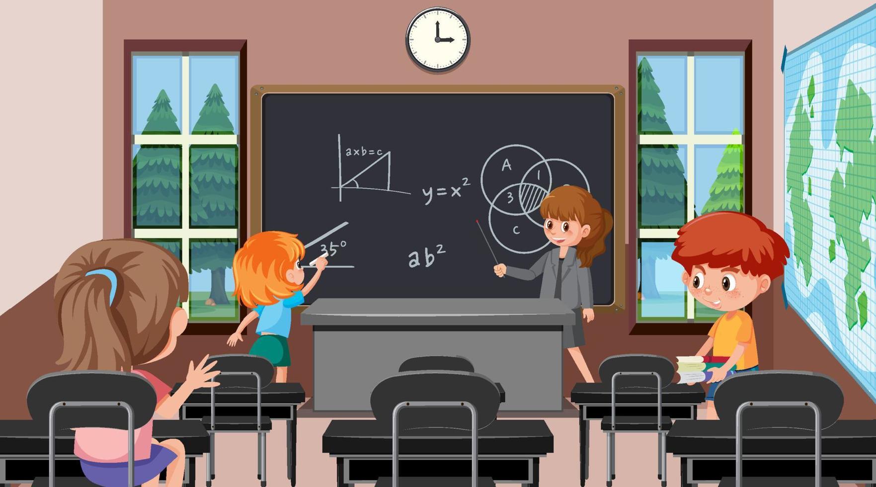 aula de la escuela con niños estudiantes vector