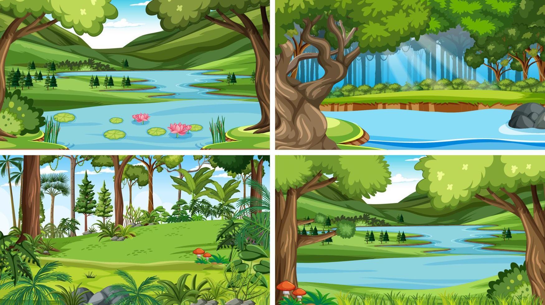 escena de la naturaleza con muchos árboles y río vector