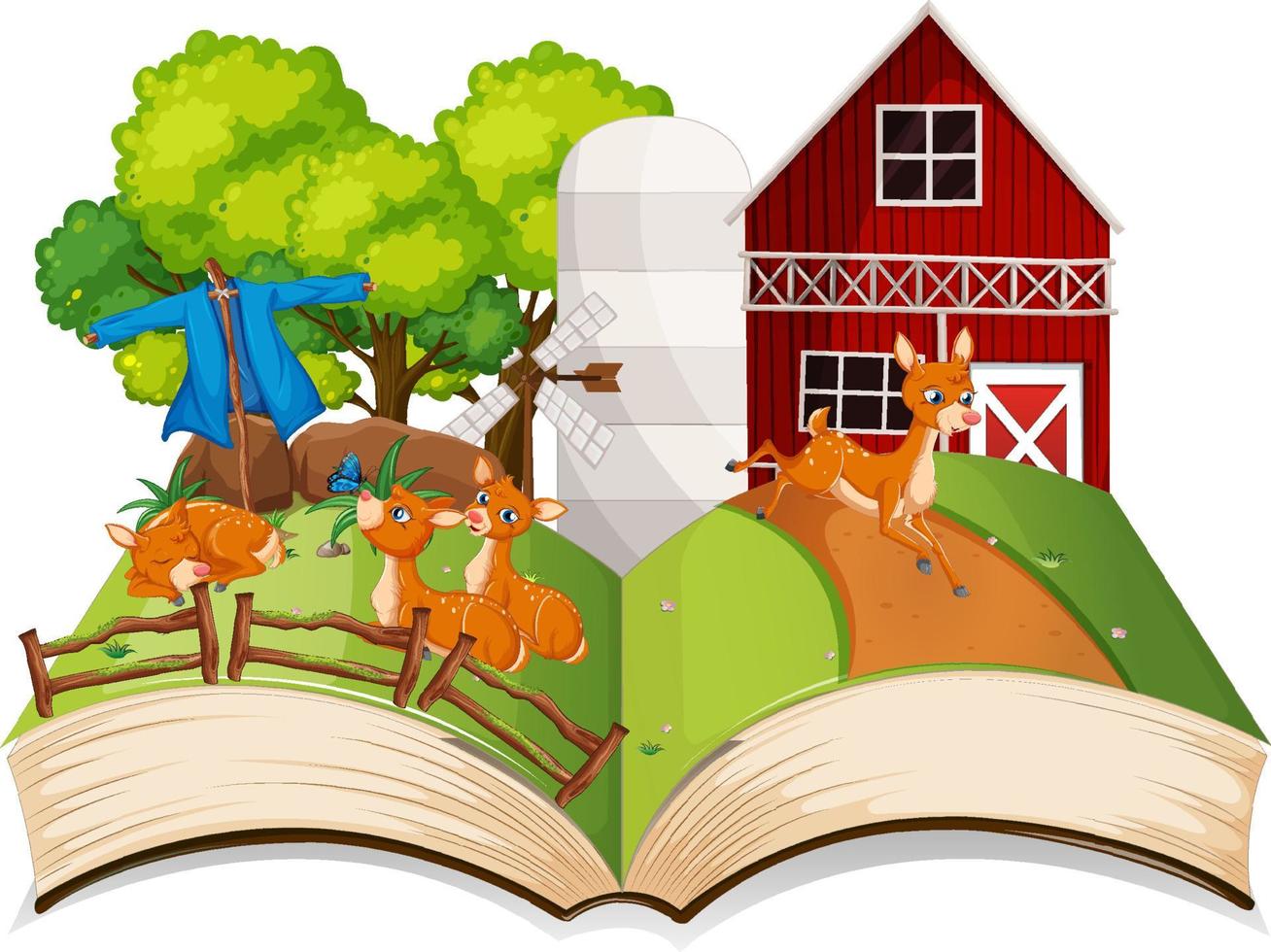 Farm scene with many deers by the barn vector