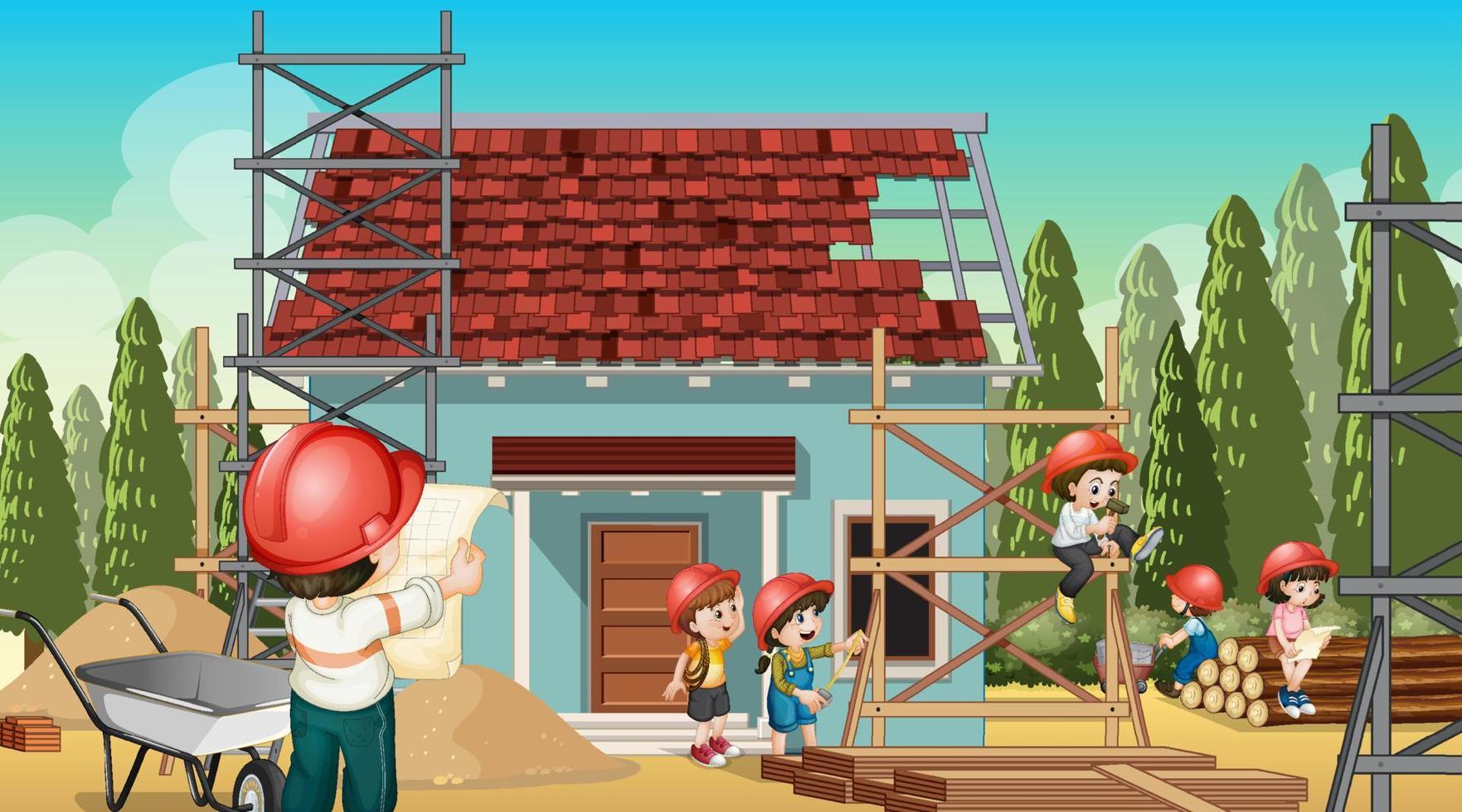 Building house construction site and workers vector