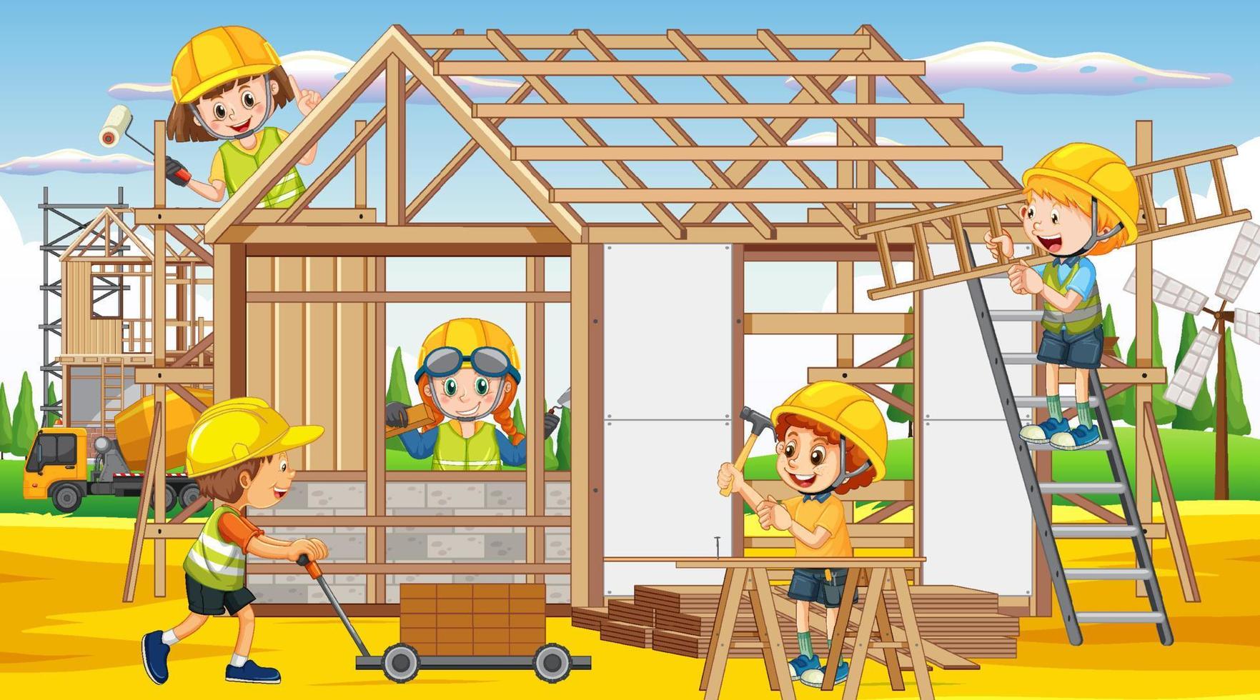 House construction site with workers cartoon vector