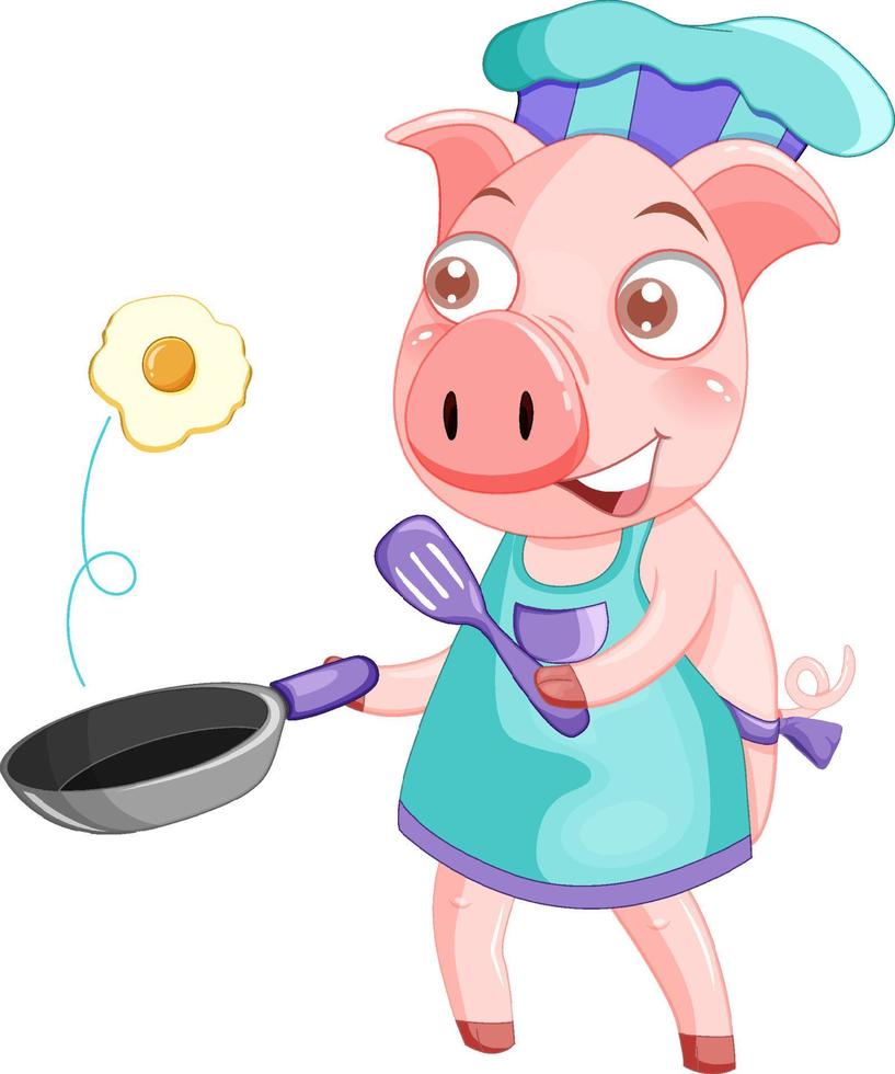 personaje de dibujos animados de cerdo cocinando el desayuno vector