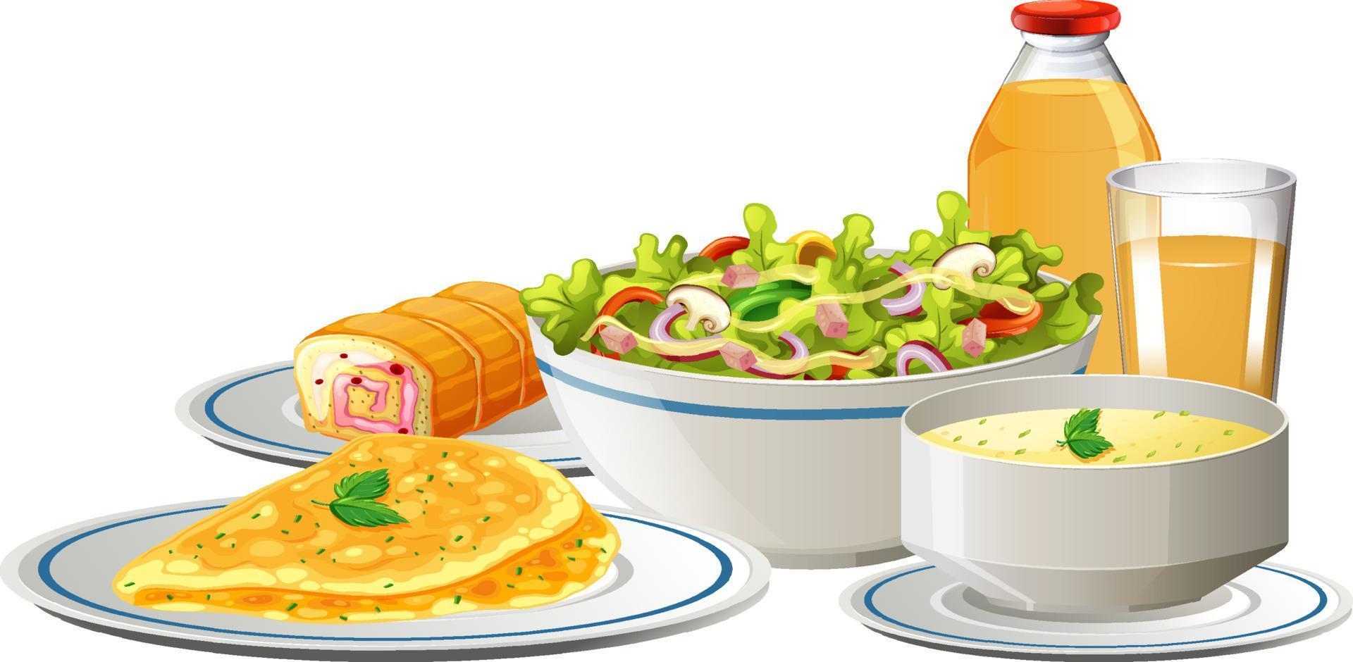 juego de desayuno con sopa de ensalada y tortilla vector