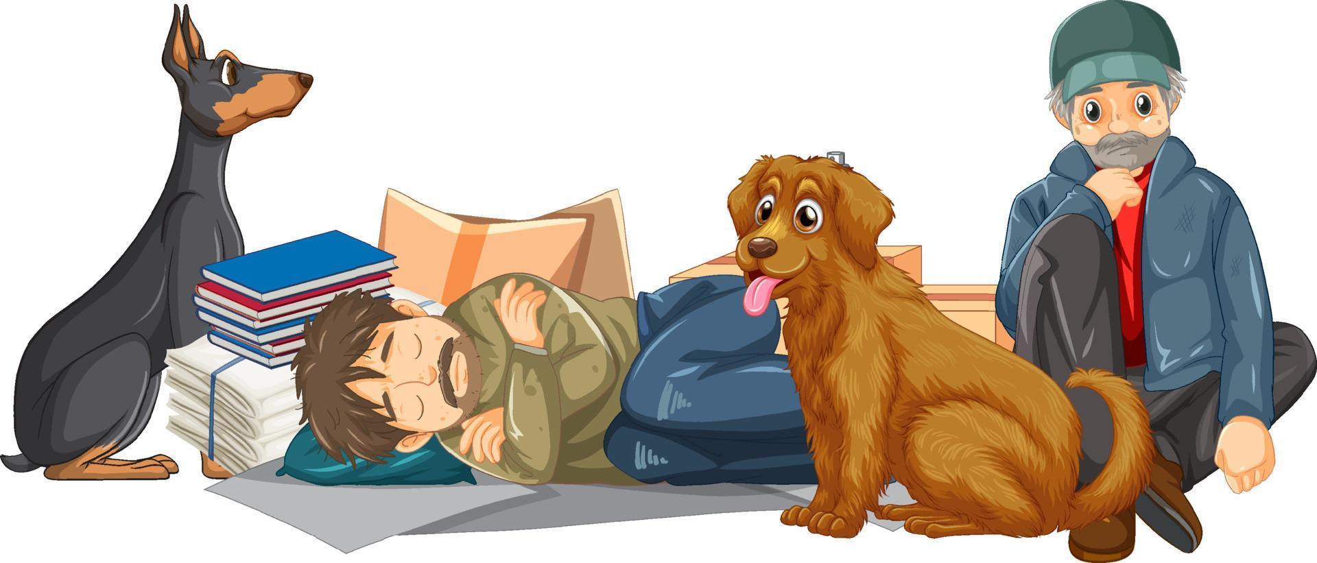 Homeless man with two dogs vector