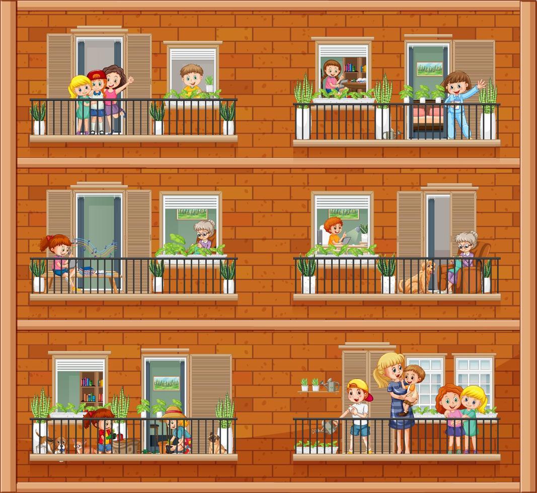Apartment windows with neighbors cartoon character vector