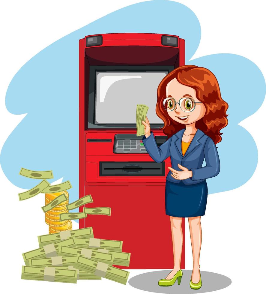 Business woman withdraw money from atm machine vector