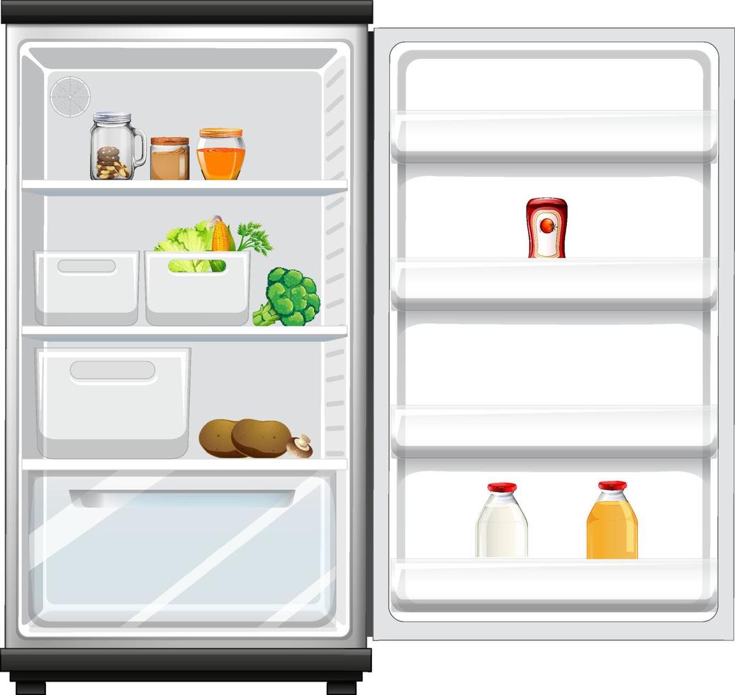 Refrigerator with food on white background vector