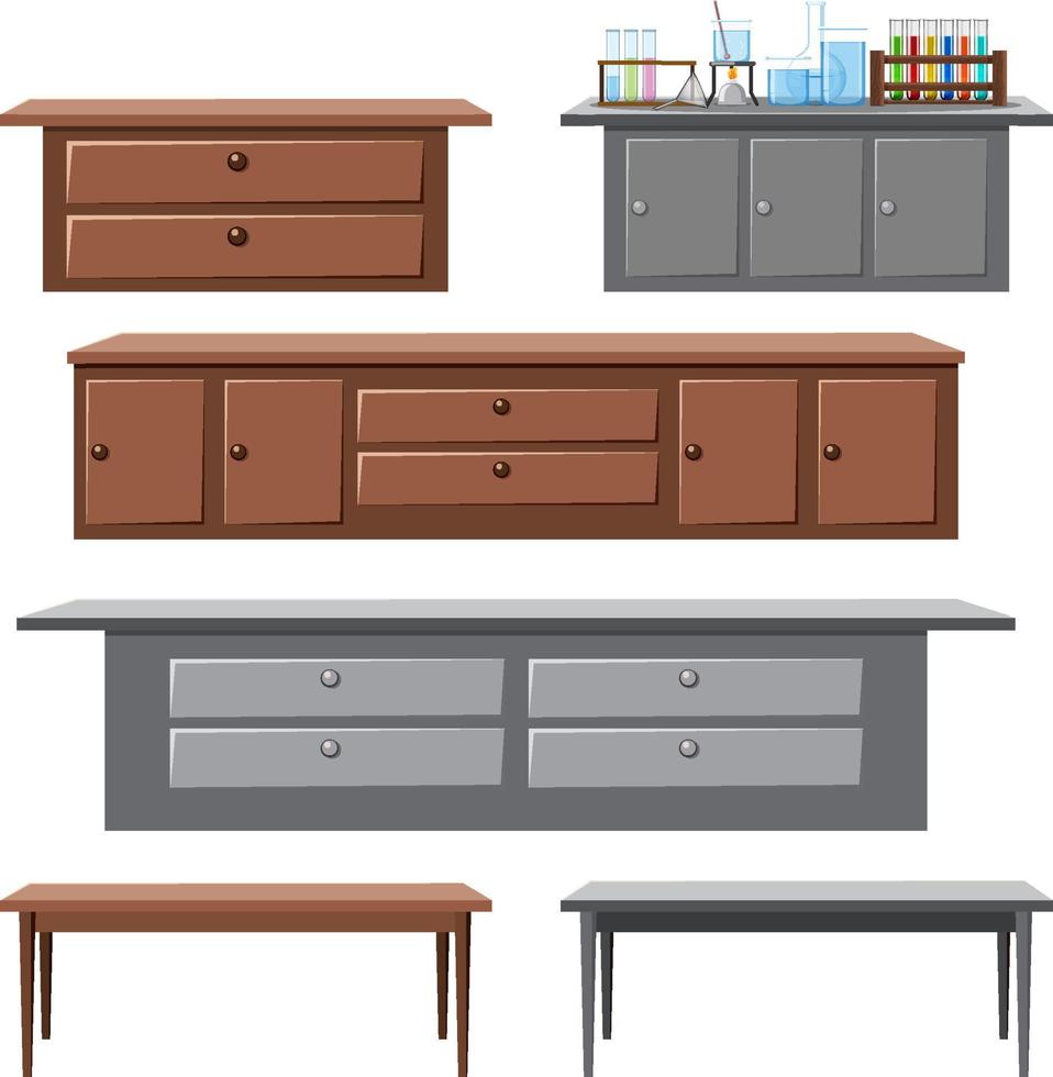 Set of different drawer cabinets and desks vector