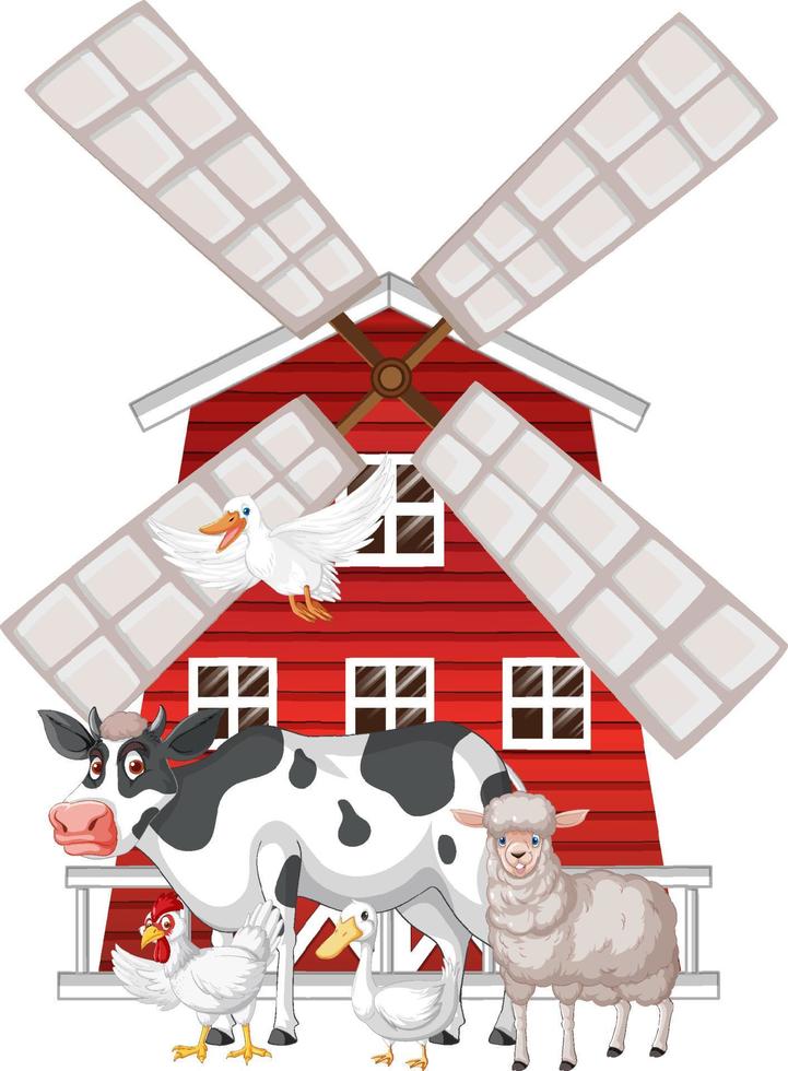 muchos animales de granja y granero rojo vector