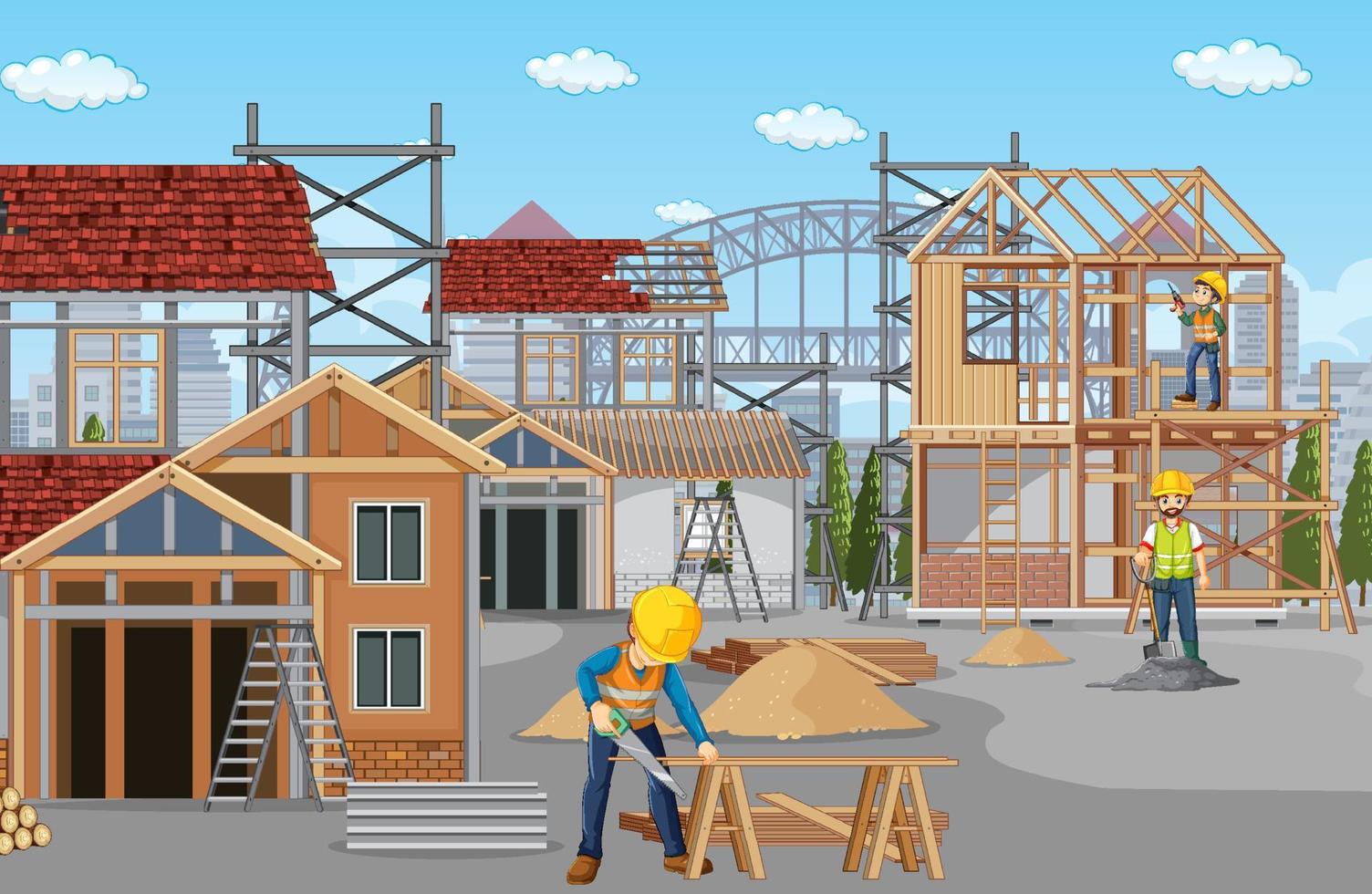 Building construction site with workers vector