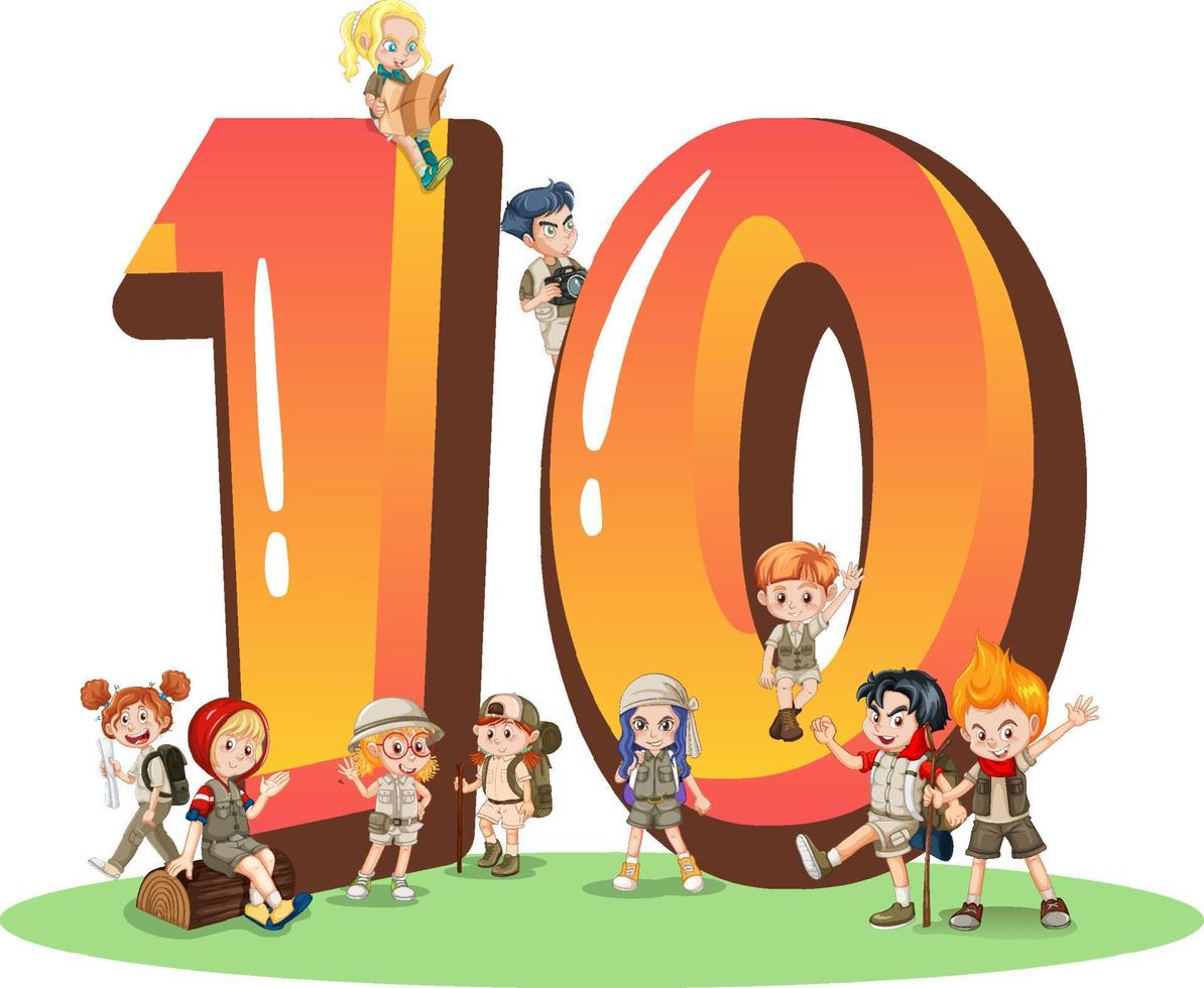 diez niños con dibujos animados número diez vector