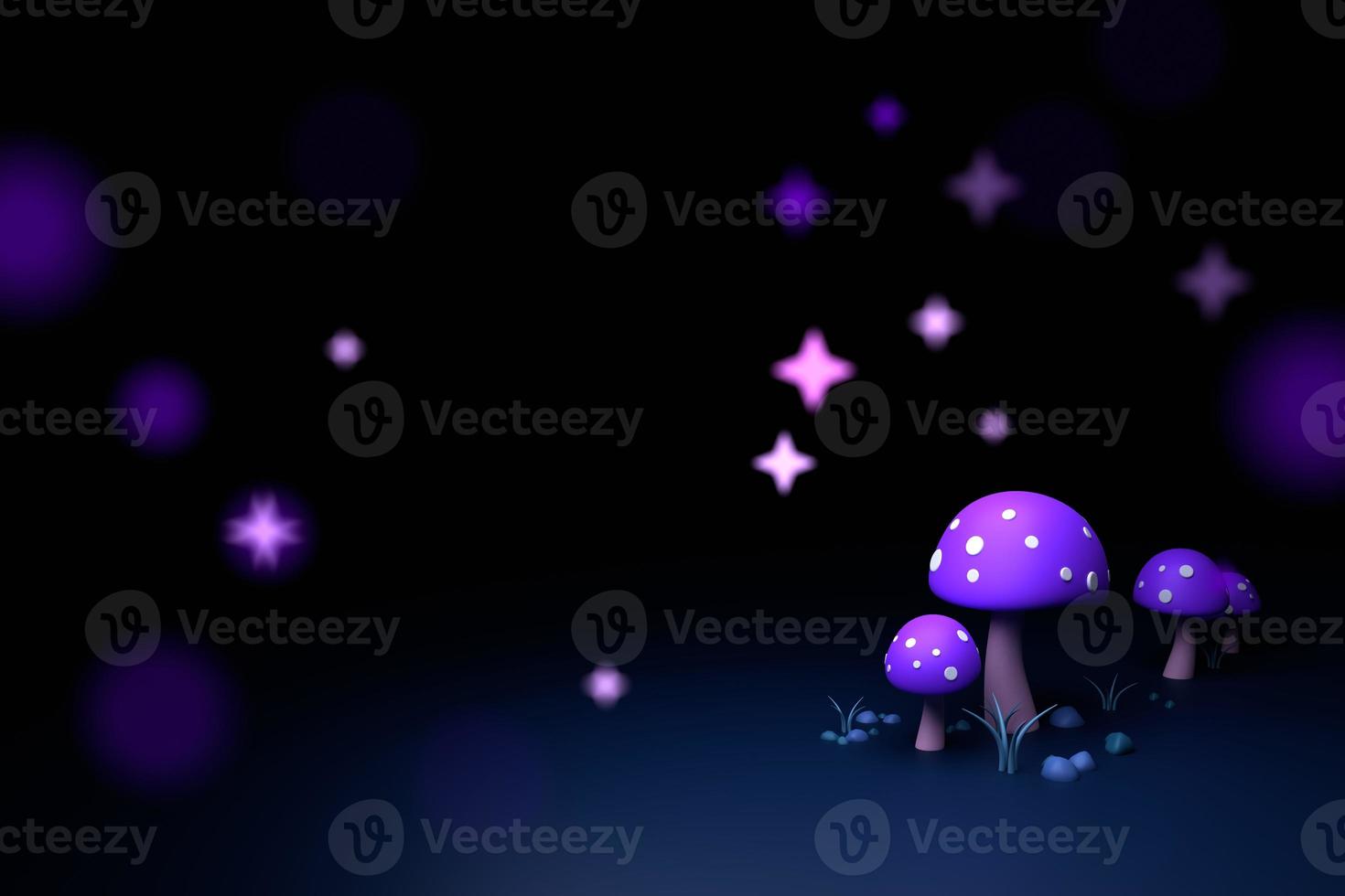 Magic mushroom field background - rendered scene with mysterious 3d mushrooms in the dark photo