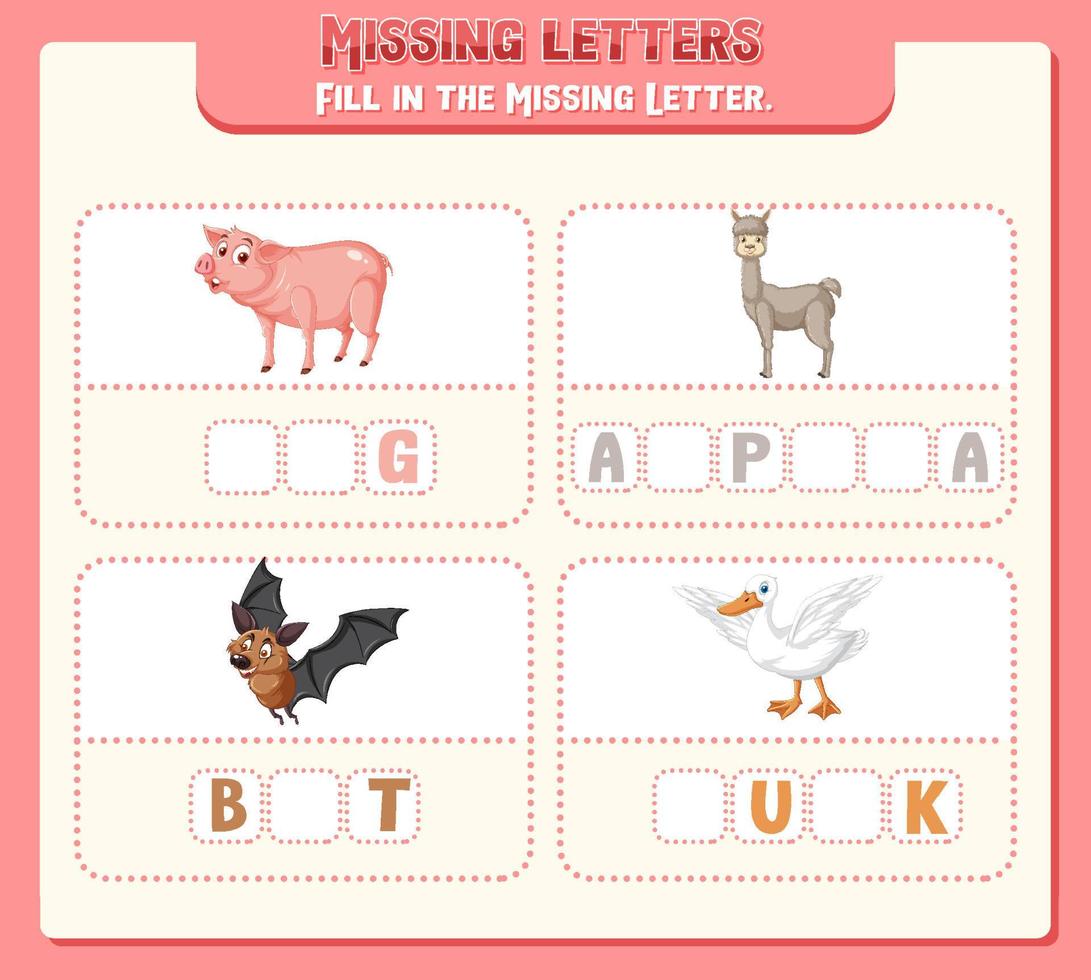 Fill the missing letter of each word worksheet for children vector