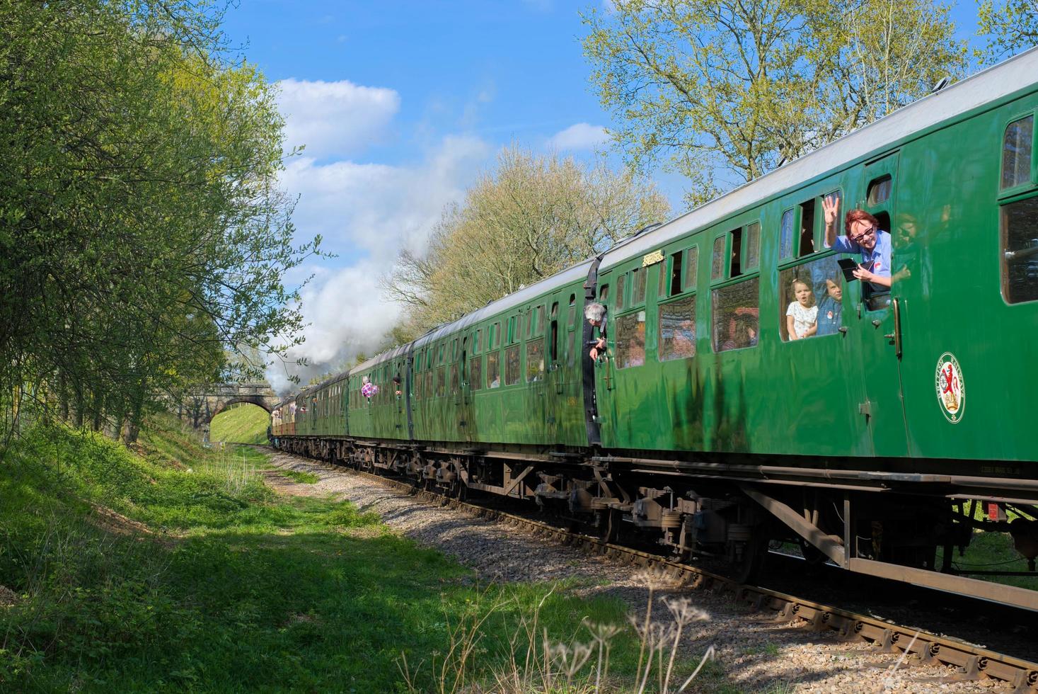 Horsted Keynes, West Sussex, Reino Unido, 2017. Escocés volador en la línea bluebell foto