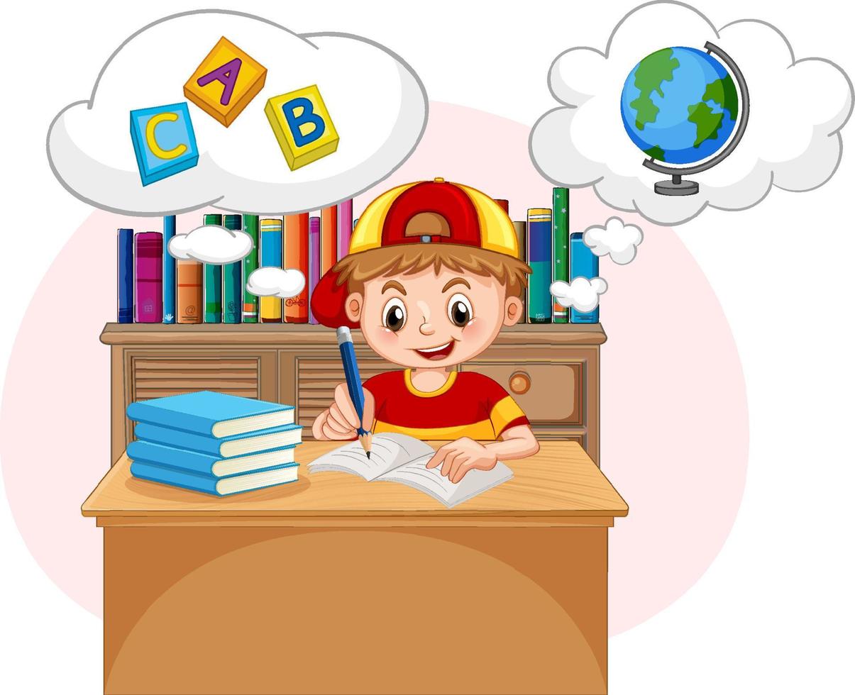 un niño haciendo la tarea con una burbuja de habla en la biblioteca vector