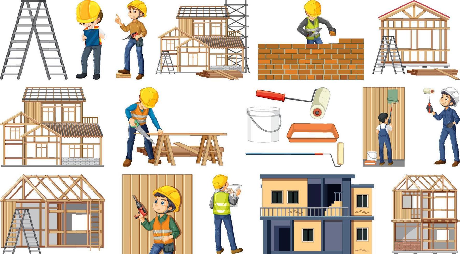 conjunto de objetos y trabajadores del sitio de construcción vector