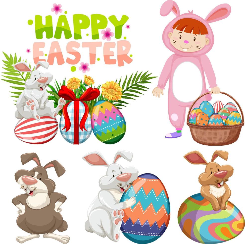 Happy Easter day with bunny and eggs vector
