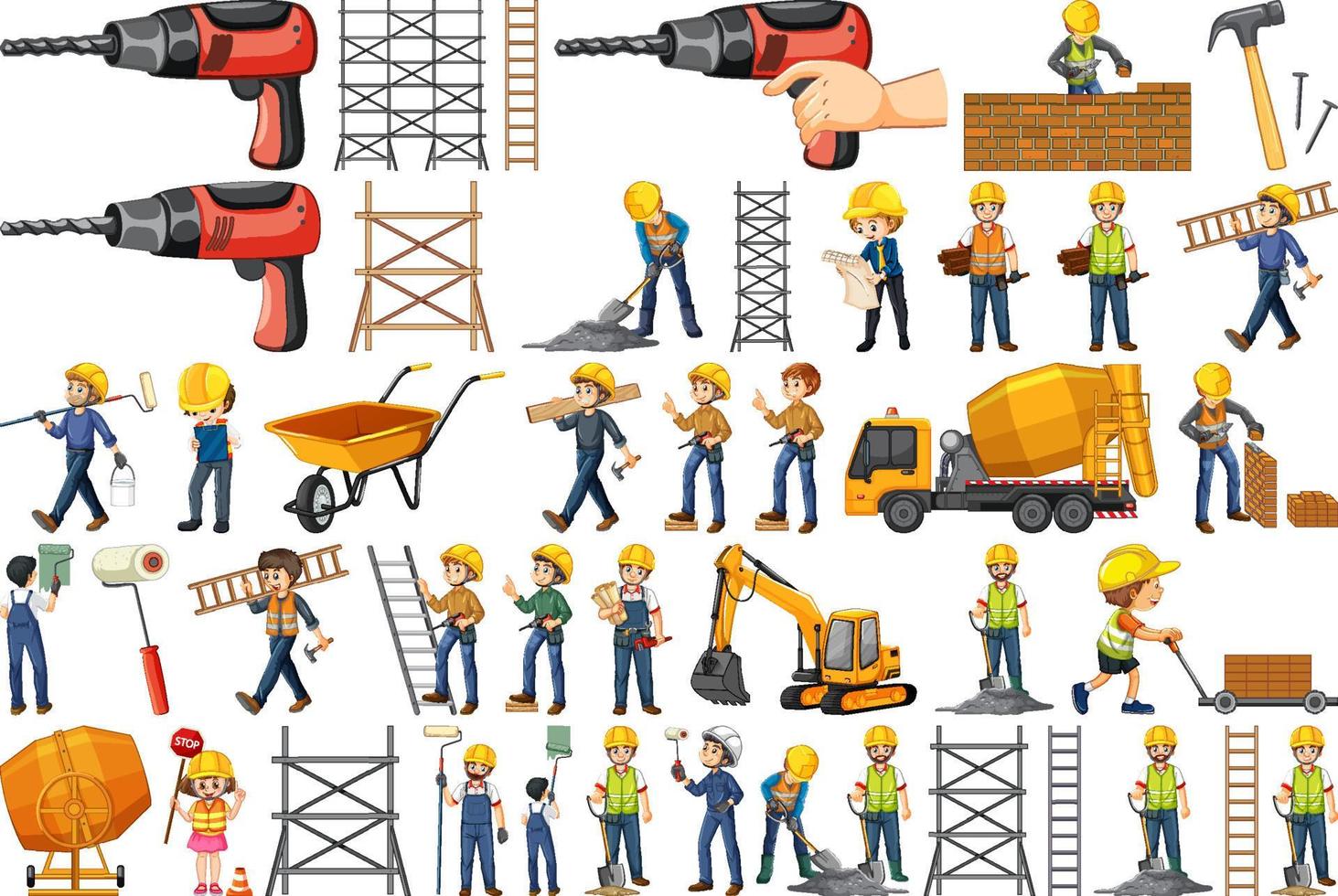 Set of construction site objects and workers vector