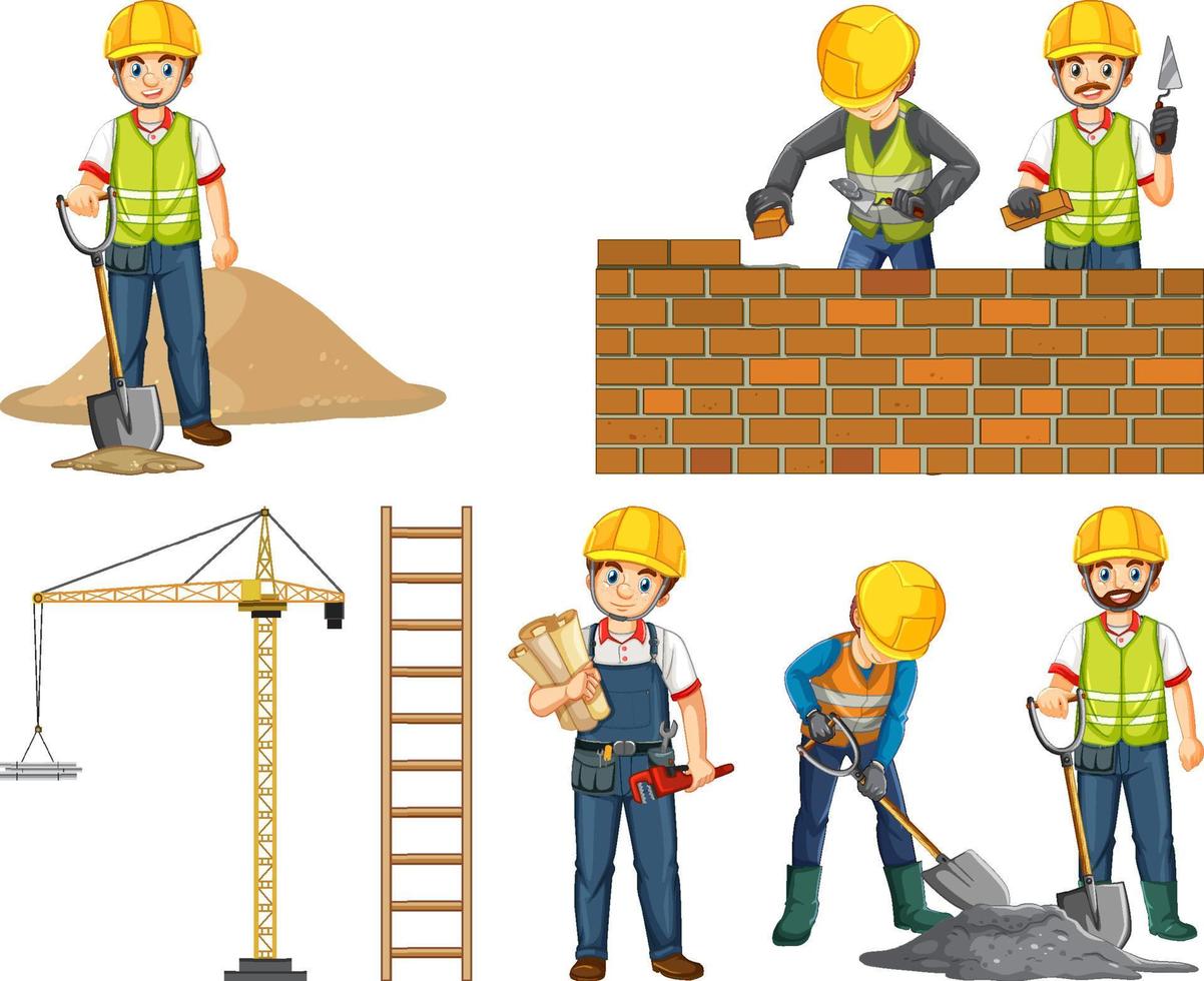 Set of construction site objects and workers vector