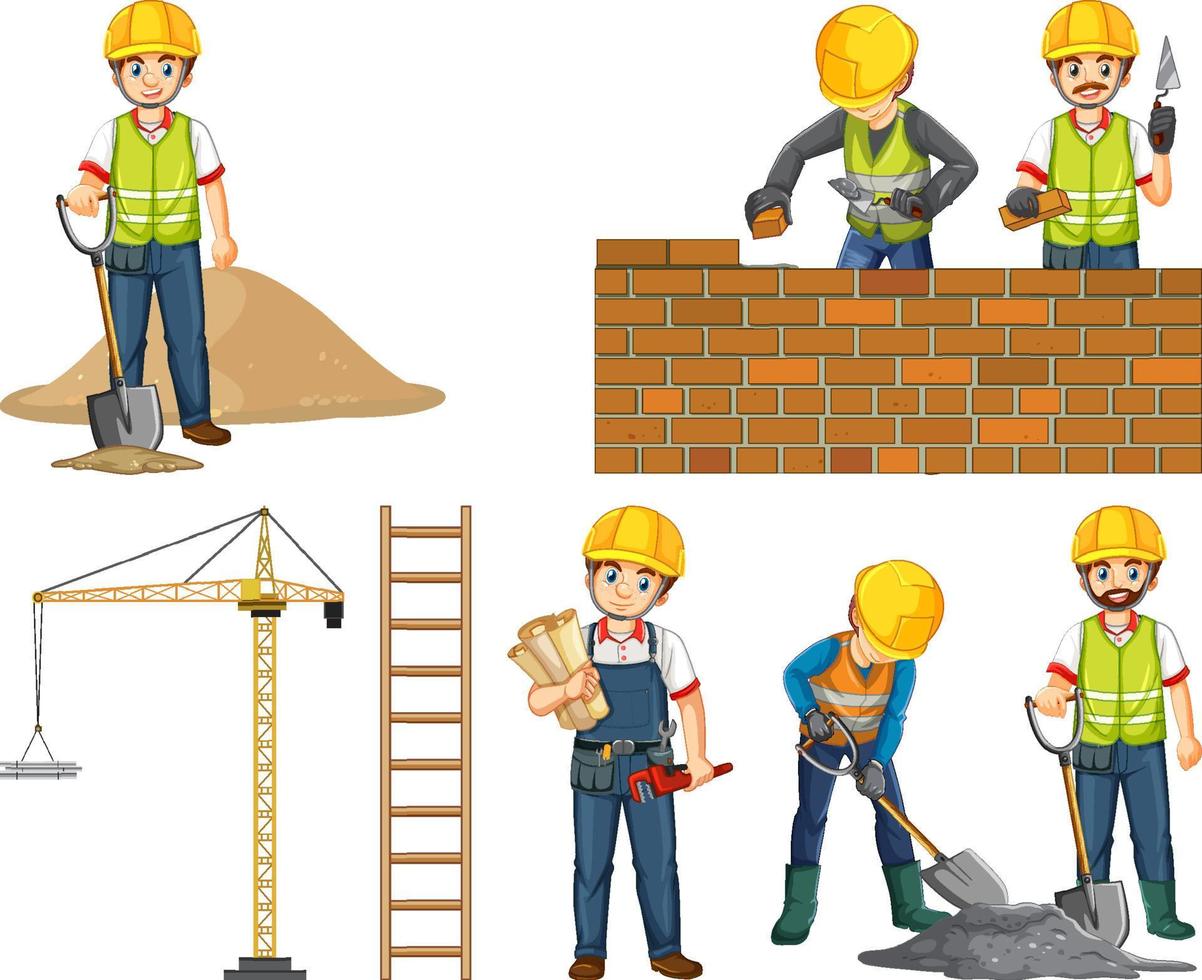 conjunto de objetos y trabajadores del sitio de construcción vector