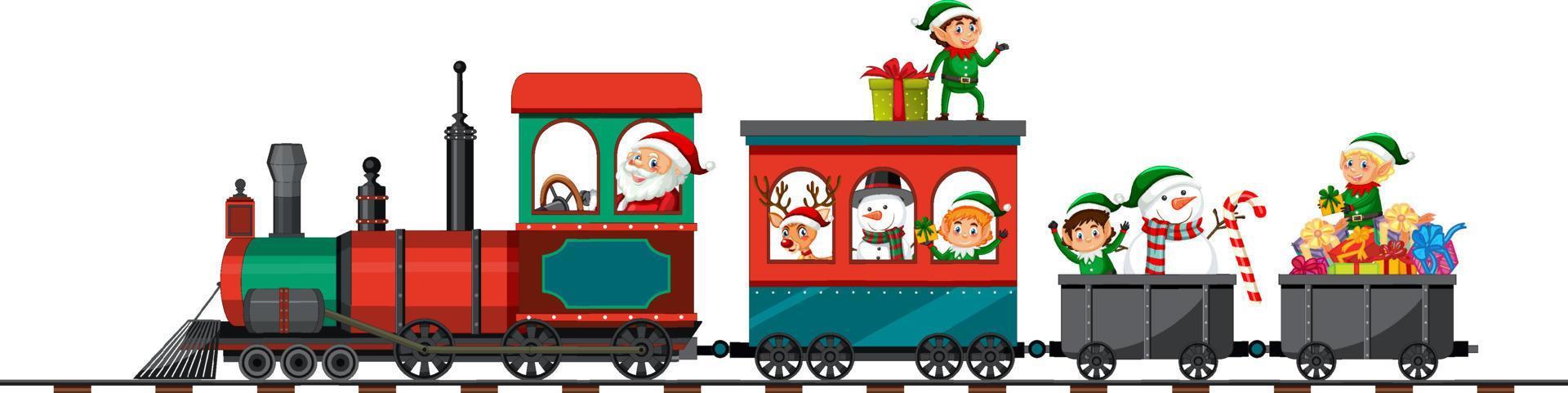 Santa and christmas elves on the train vector