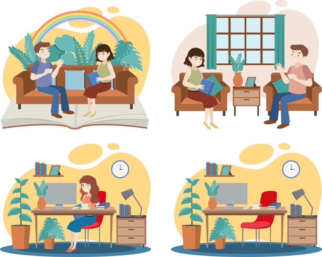 Set of different living room interior in flat style vector